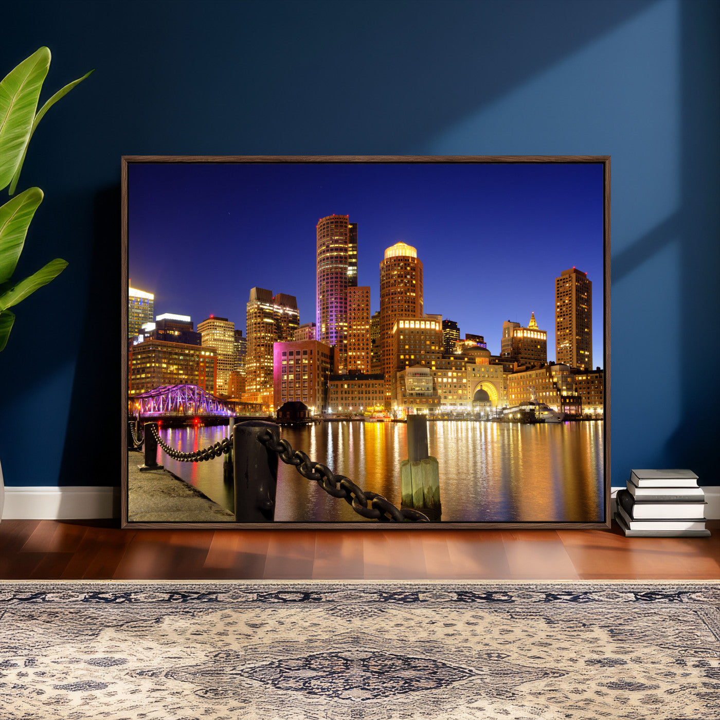 56611117-MGV-CV-36X24 - Boston Wall Art Canvas Print, Boston City Downtown Night Cityscape Print for Modern Urban Wall Decor