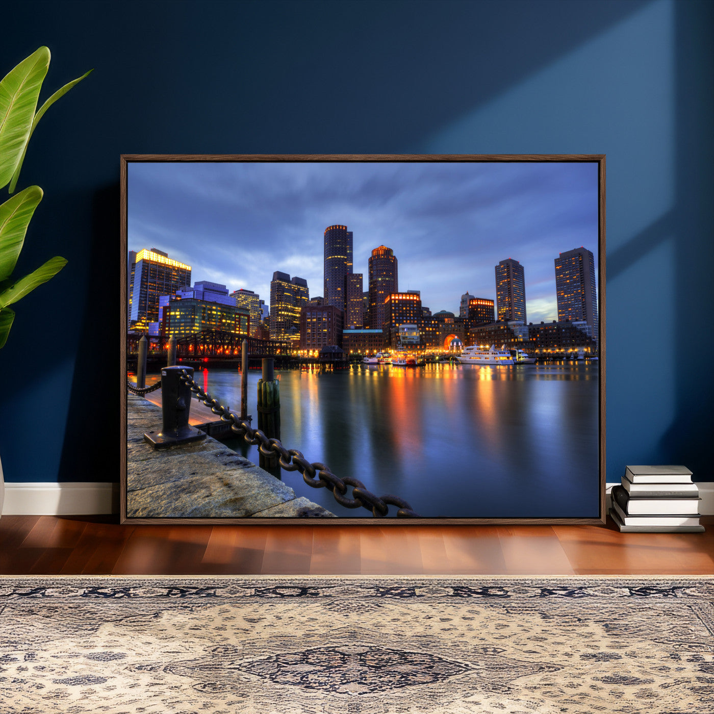 82439622-MGV-CV-36X24 - Boston Wall Art Canvas Print, Boston City Downtown Night Cityscape Print for Modern Urban Wall Decor