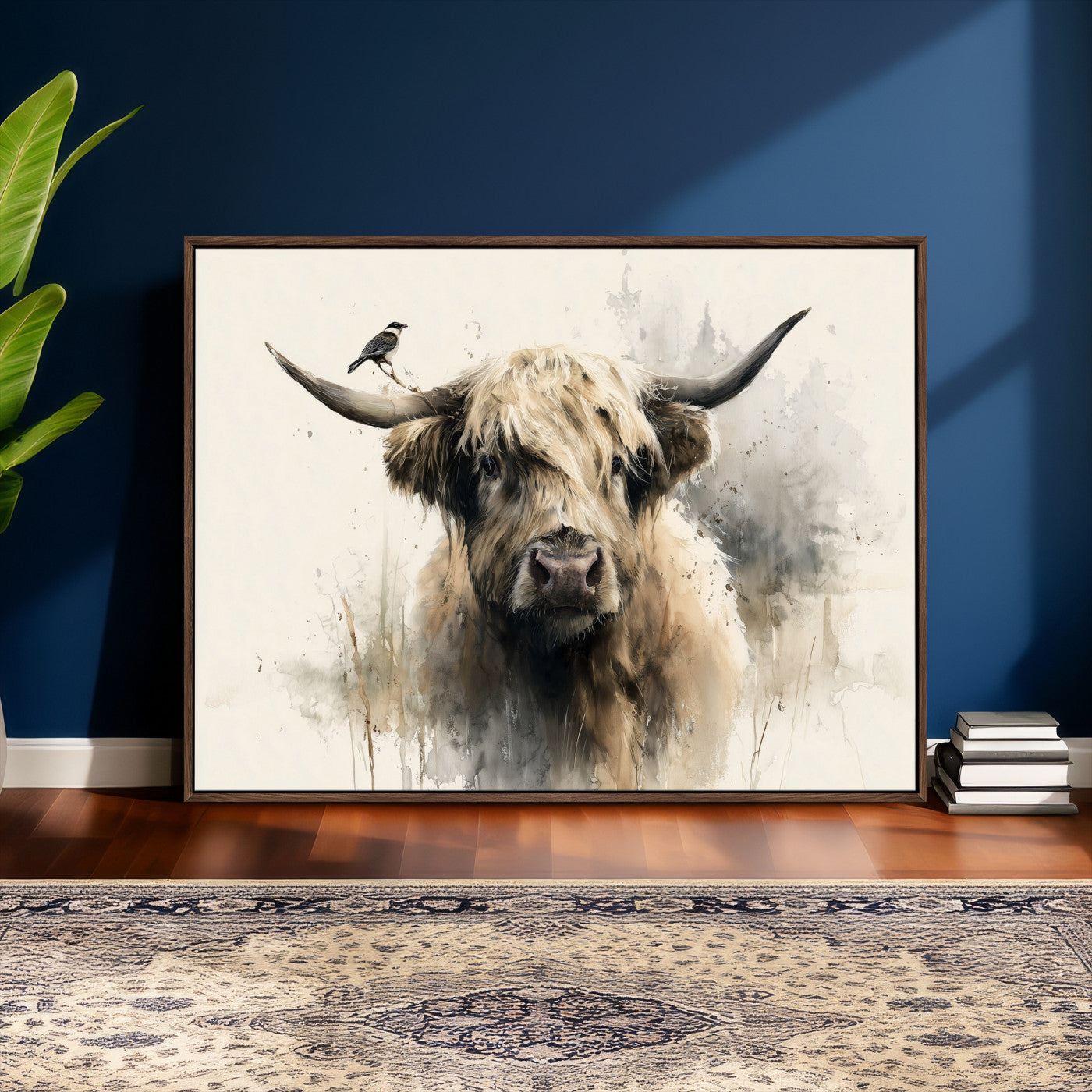 98249290-MGV-CV-36X24 - Abstract Highland Cow Watercolor Animal Wall Art Canvas Print, Rustic Farm Cattle Portrait Canvas Print, Neutral Wildlife Farmhouse Art Printing