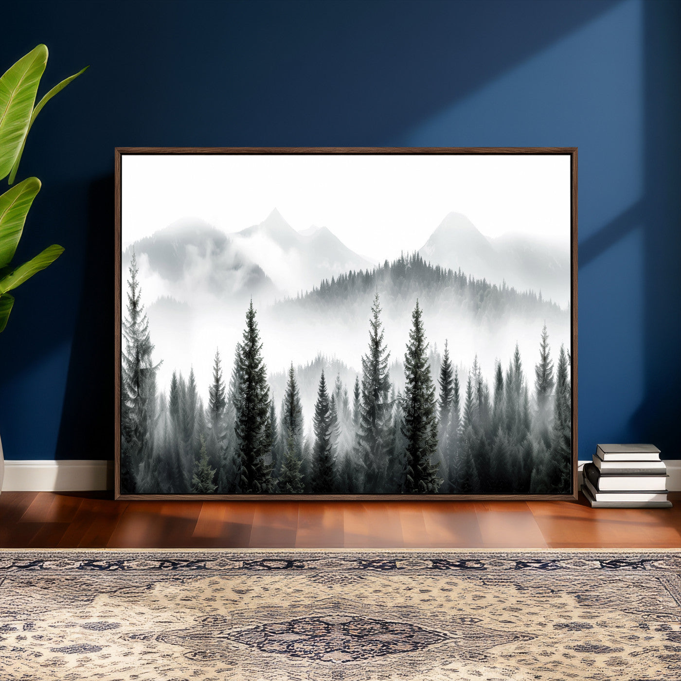 38819032-MGV-CV-36X24 - Misty Pine Forest Mountain Landscape Wall Art Canvas Print, Foggy Evergreen Trees Minimal Nature Canvas Print, Monochrome Wilderness Scenic Art Printing
