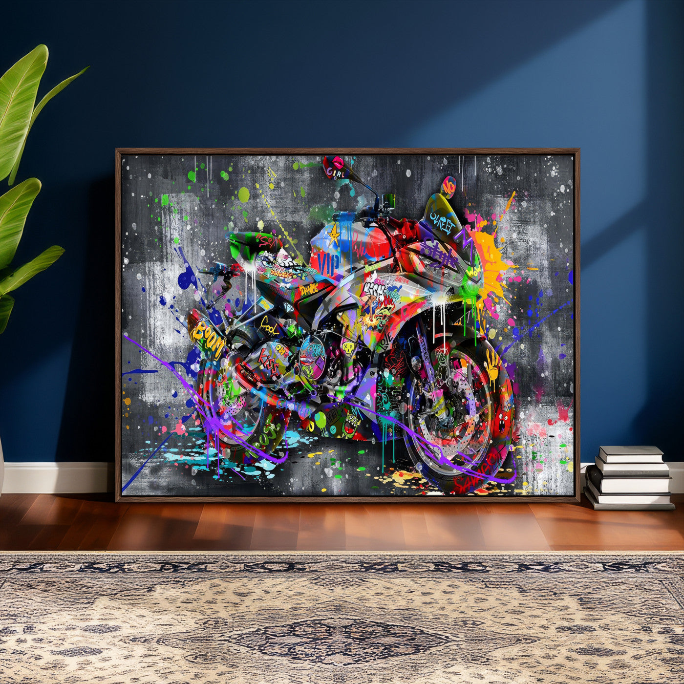 83021767-MGV-CV-36X24 - Graffiti Motorcycle Wall Art Canvas Print, Urban Street Art Motorbike Decor, Colorful Graffiti Sports Bike Artwork