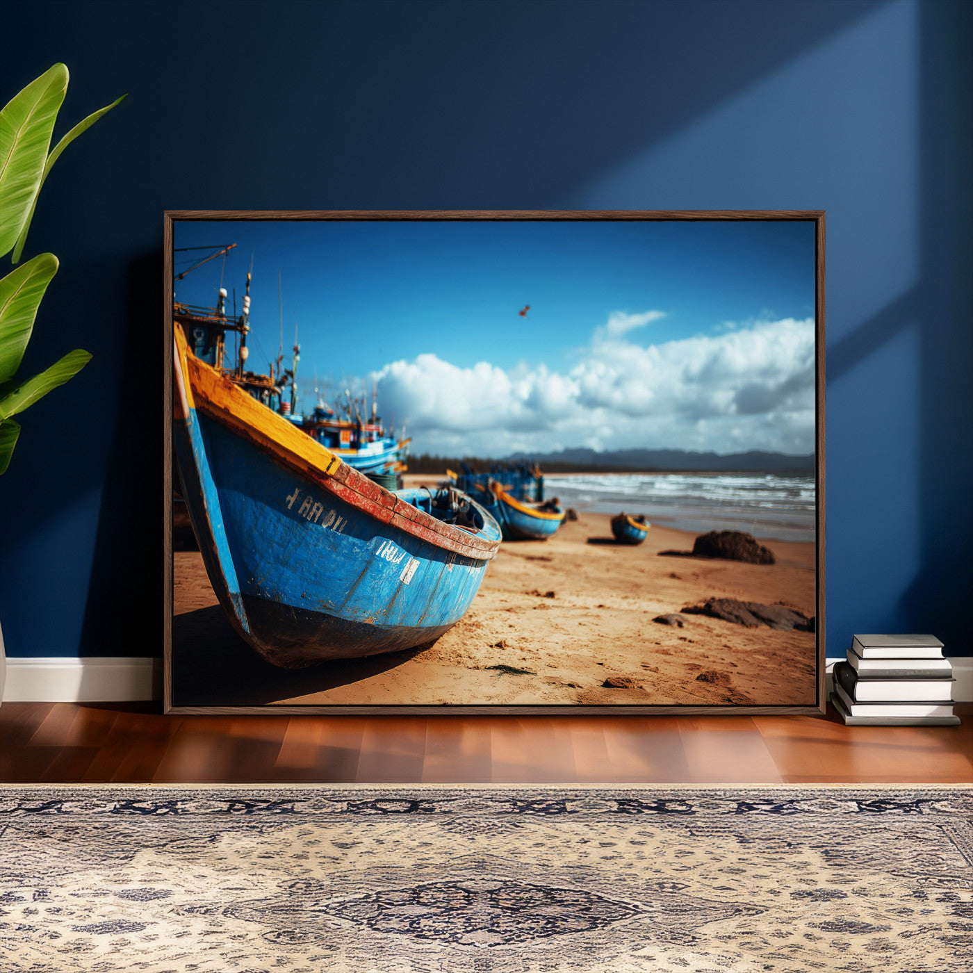 70925201-MGV-CV-36X24 - Fishing Boats Wall Art Canvas Print, Coastal Boat Beach Scene, Nautical Seaside Artwork, Ocean Shore Decor, Coastal Home Wall Art