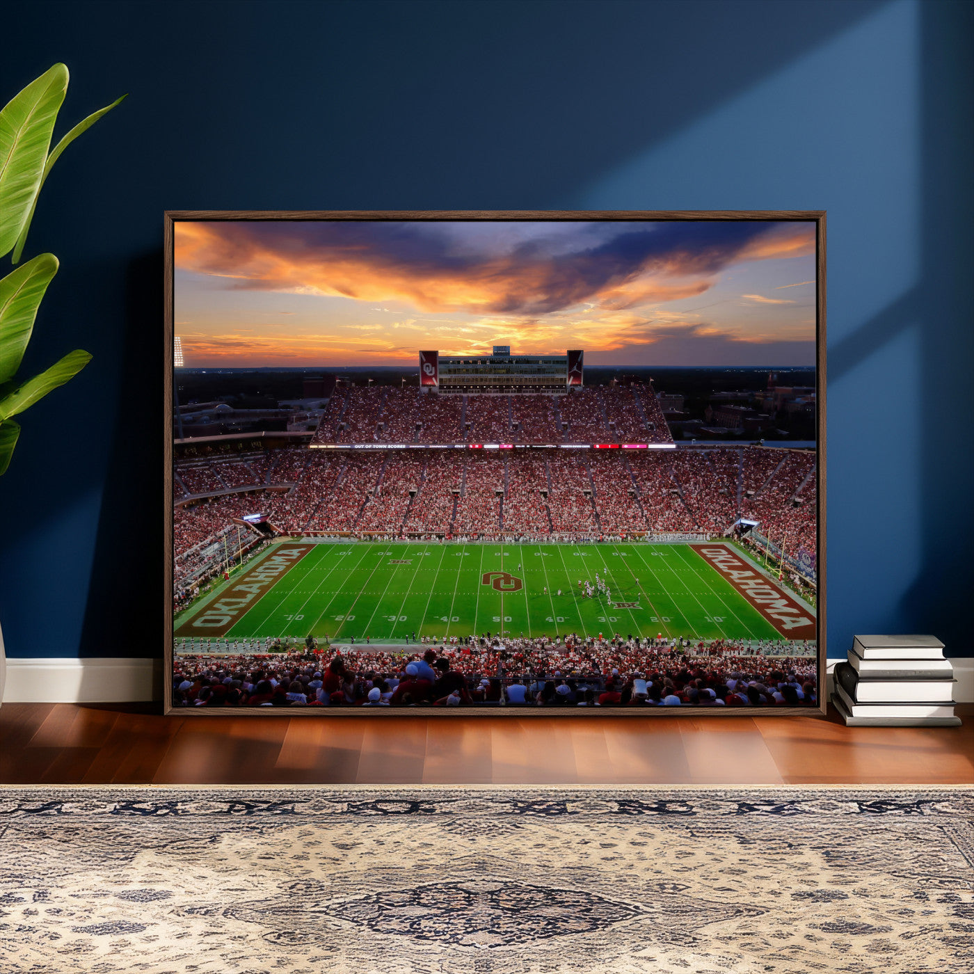 51457497-MGV-CV-36X24 - Oklahoma Sooners Stadium Wall Art Canvas Print, College Football Sunset Game Scene, OU Football Field Panorama Wall Decor