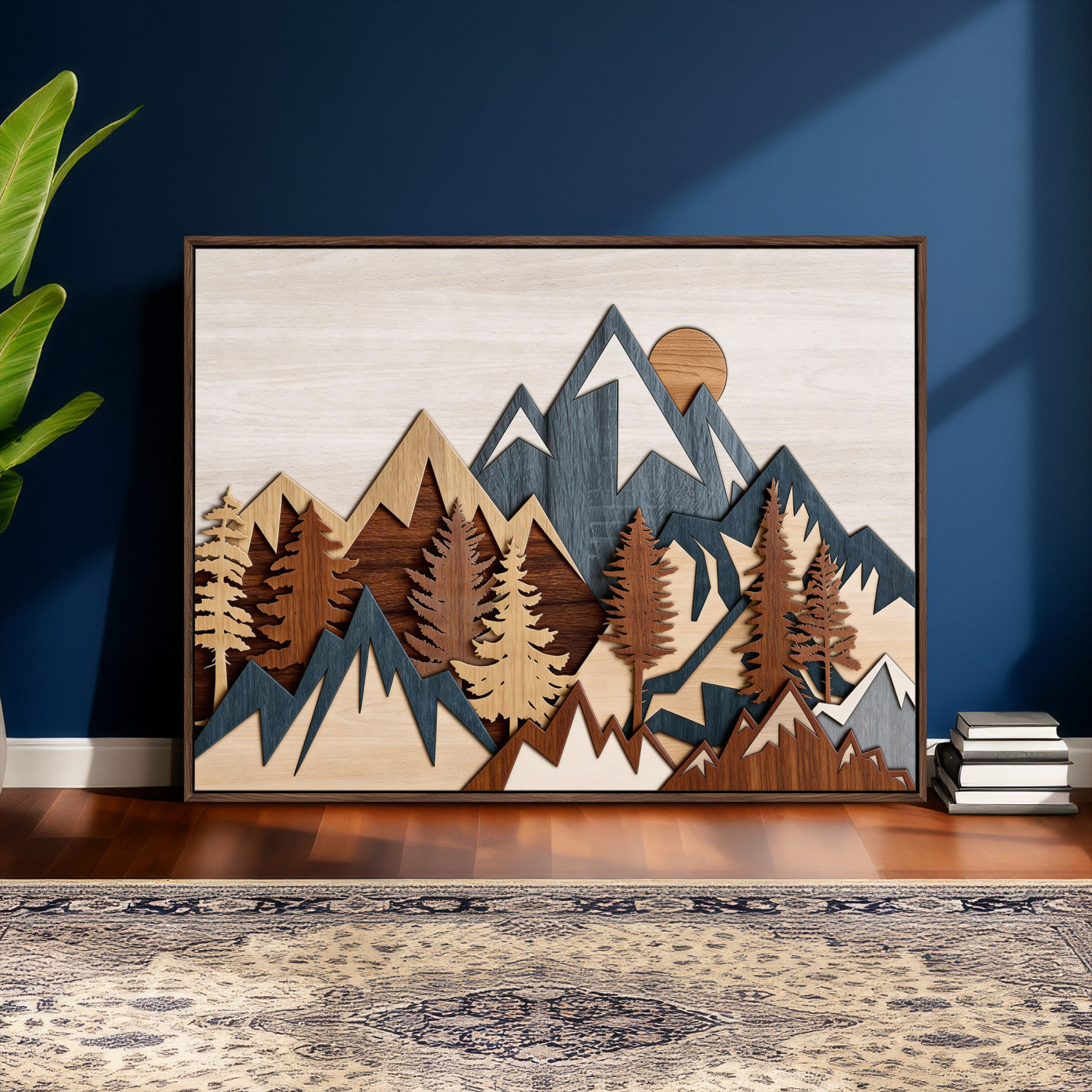 39888898-MGV-CV-36X24 - Layered Wooden Mountain Wall Art Canvas Print, Modern Rustic Forest and Pine Landscape Wall Decor