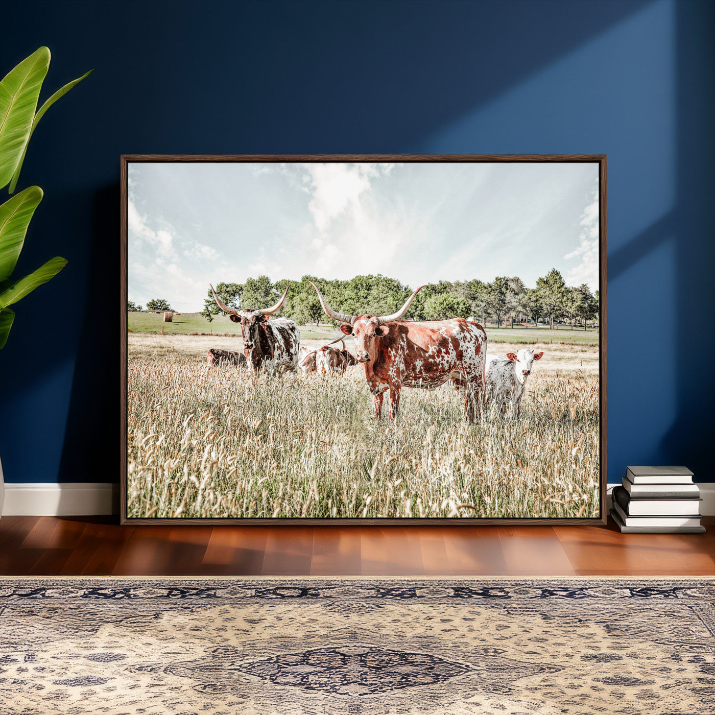 21823552-MGV-CV-36X24 - Texas Longhorn Cattle Wall Art Canvas Print, Rustic Ranch Landscape Artwork, Western Farm Field Scene, Country Prairie Animal Canvas Wall Art