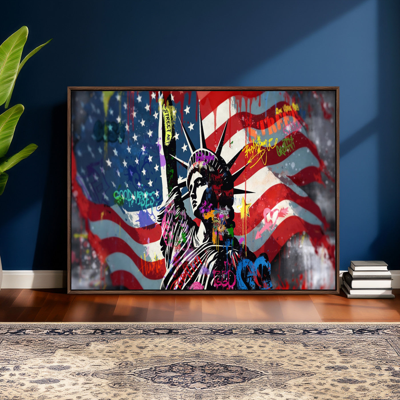 32151941-MGV-CV-36X24 - USA Statue of Liberty Graffiti Street Art Wall Art Canvas Print, American Flag Urban Pop Art Canvas Print, Modern Patriotic Street Art Contemporary Art Printing