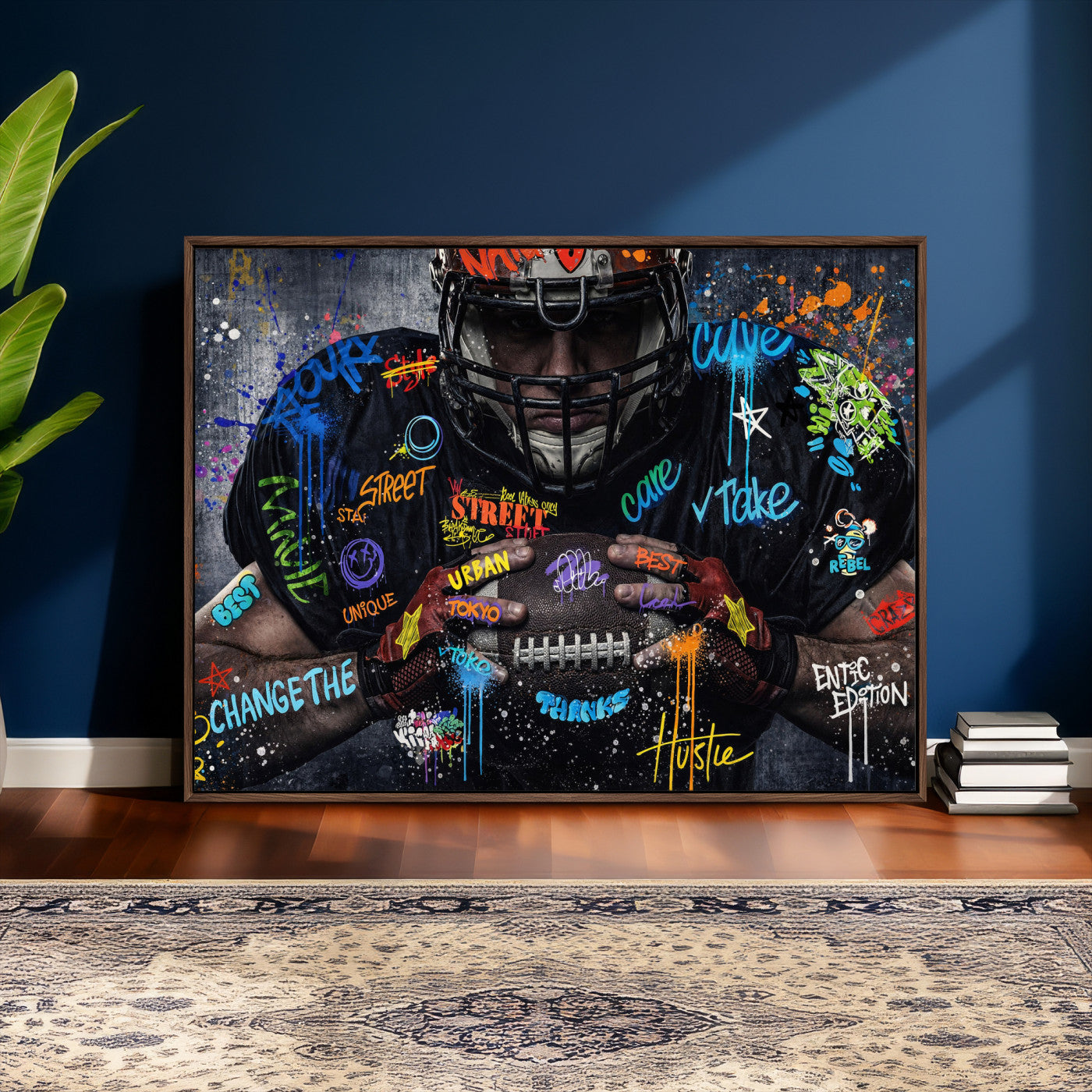 55267256-MGV-CV-36X24 - Graffiti American Football Player Street Art Wall Art Canvas Print, Urban Sports Pop Art Football Canvas Print, Modern Athletic Graffiti Contemporary Art Printing