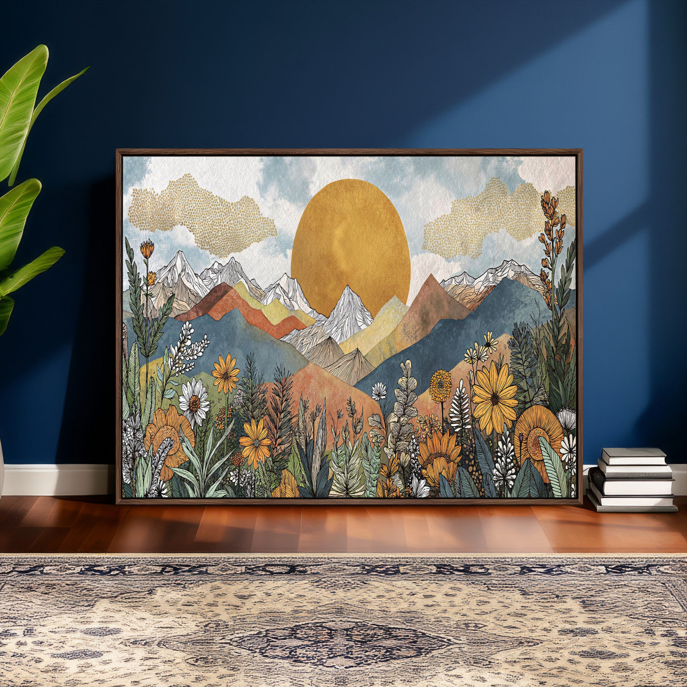 17540863-MGV-CV-36X24 - Boho Mountain Landscape Large Wall Art, Horizontal Gold Framed Canvas Print with Sun and Flowers