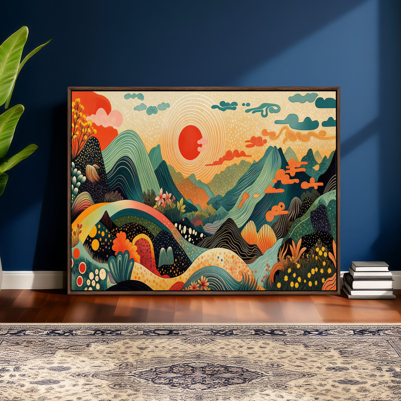 29927191-MGV-CV-36X24 - Yayoi Kusama Boho Mountain Landscape Large Wall Art, Horizontal Gold Framed Canvas Print with Sun and Flowers
