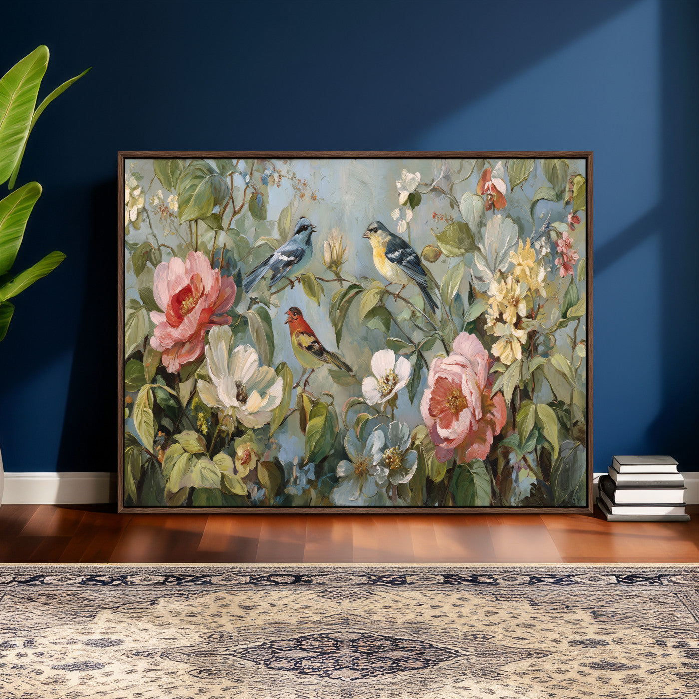 55440837-MGV-CV-36X24 - Vintage Birds and Flowers Wall Art Canvas Print, Botanical Bird Painting Canvas Print, Floral Garden Bird Artwork Canvas Print, Classic Bird Flower Painting Canvas Print