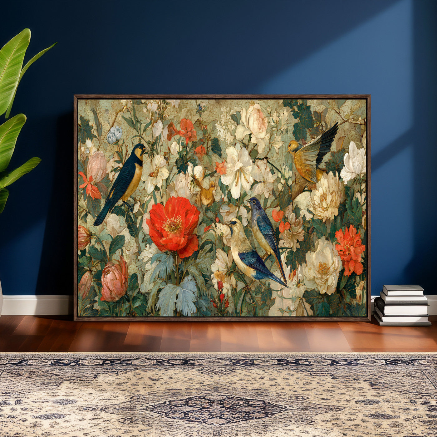 52904757-MGV-CV-36X24 - Vintage Birds and Flowers Wall Art Canvas Print, Botanical Bird Painting Canvas Print, Floral Garden Bird Artwork Canvas Print, Classic Bird Flower Painting Canvas Print