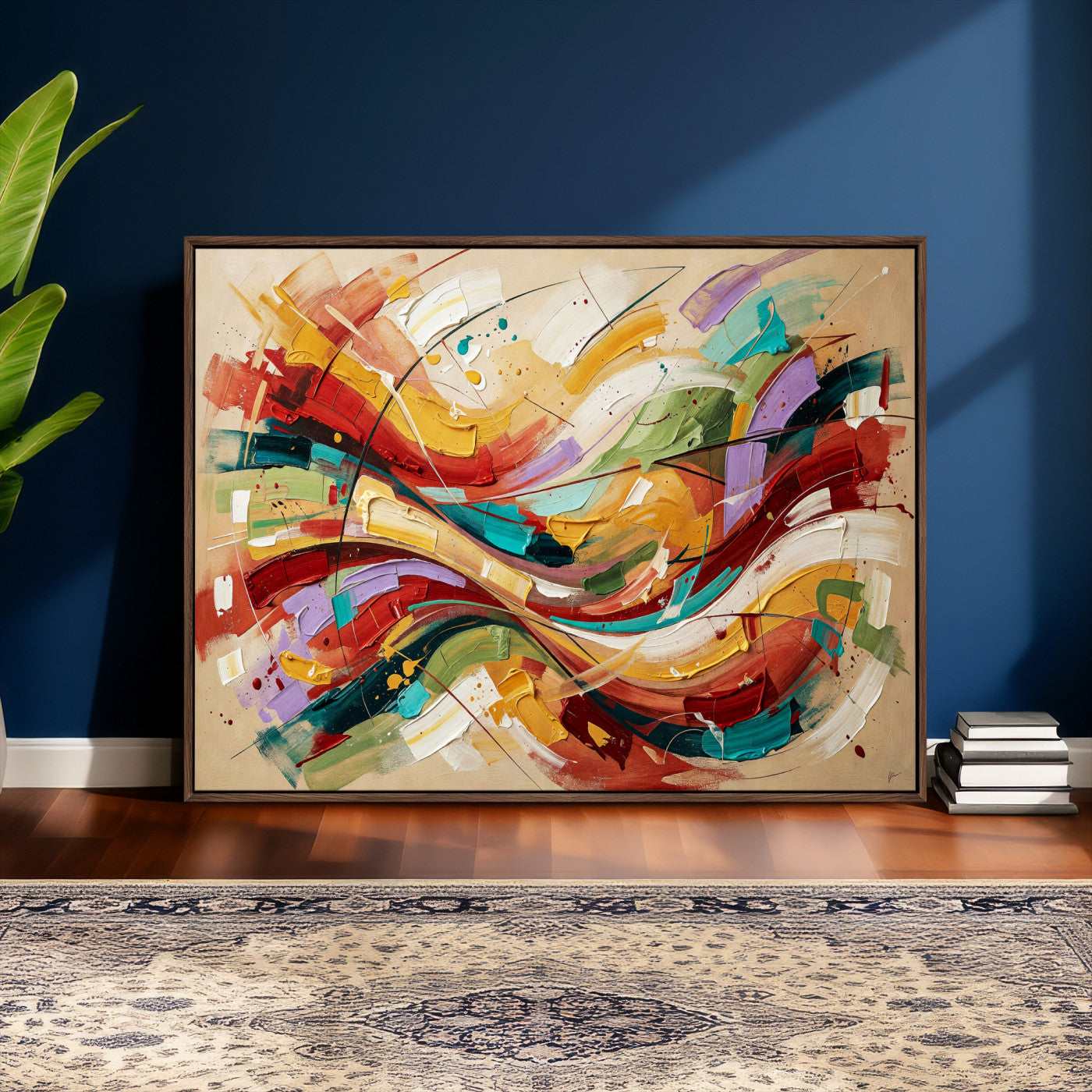 39887645-MGV-CV-36X24 - Geometric Abstract Wall Art Canvas Print, Orange Blue Abstract Expressionist Painting Print, Modern Geometric Abstract Canvas Art