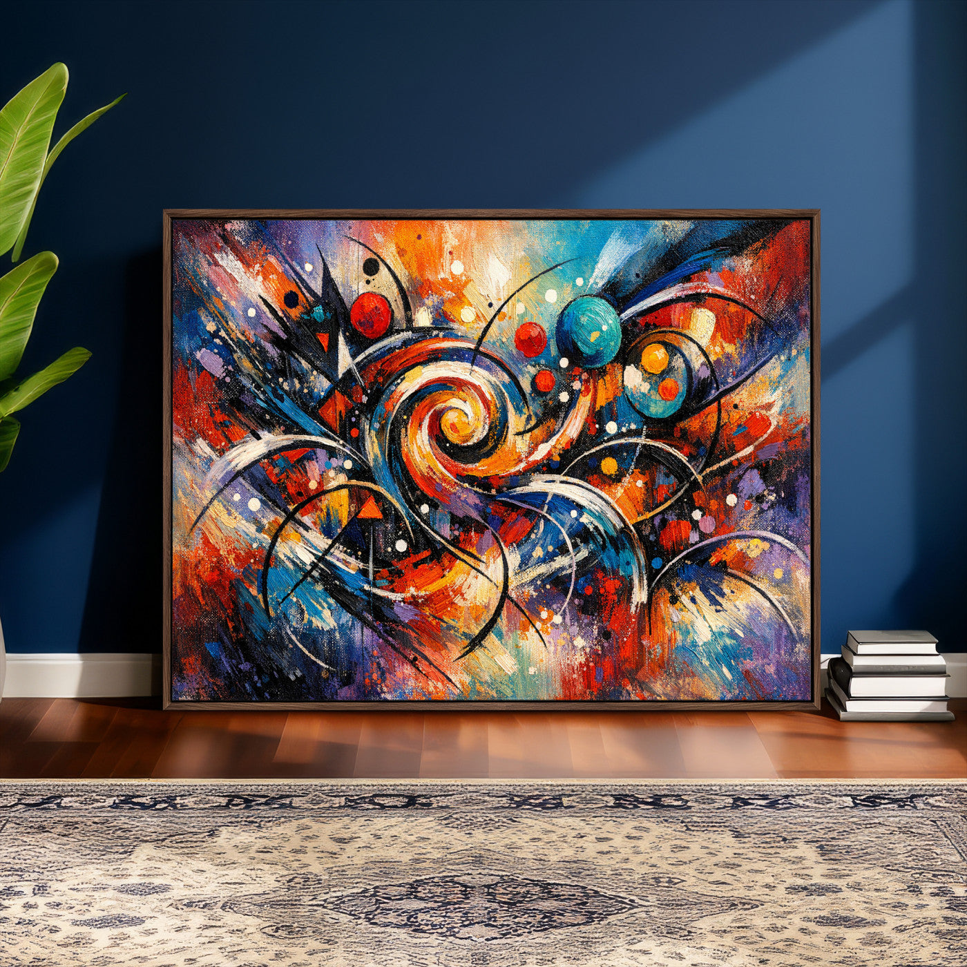 60193267-MGV-CV-36X24 - Geometric Abstract Wall Art Canvas Print, Orange Blue Abstract Expressionist Painting Print, Modern Geometric Abstract Canvas Art