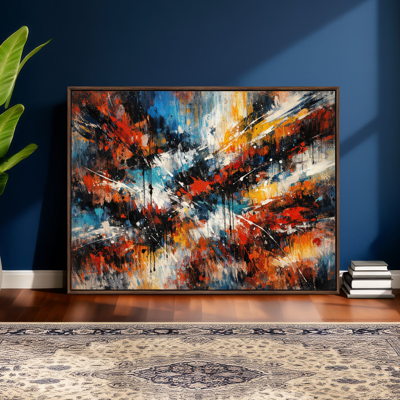 80276069-MGV-CV-36X24 - Geometric Abstract Wall Art Canvas Print, Orange Blue Abstract Expressionist Painting Print, Modern Geometric Abstract Canvas Art