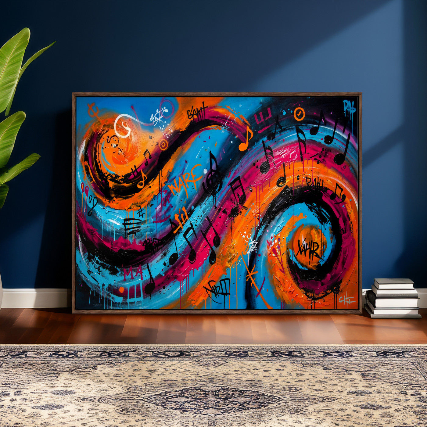 34936518-MGV-CV-36X24 - Geometric Abstract Wall Art Canvas Print, Orange Blue Abstract Expressionist Painting Print, Modern Geometric Abstract Canvas Art