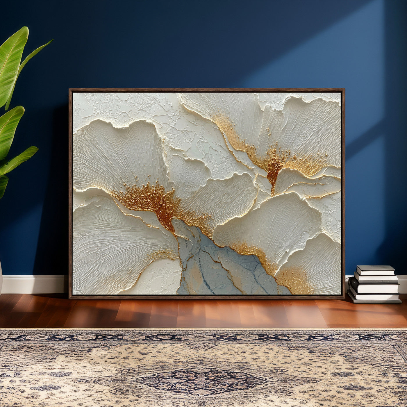 4712069F1-MGV-CV-36X24 - White Gold Floral Canvas Wall Art — Textured Flower Print | Luxury Botanical Decor | Elegant Bedroom Art | Gold Leaf Wall Art Gift