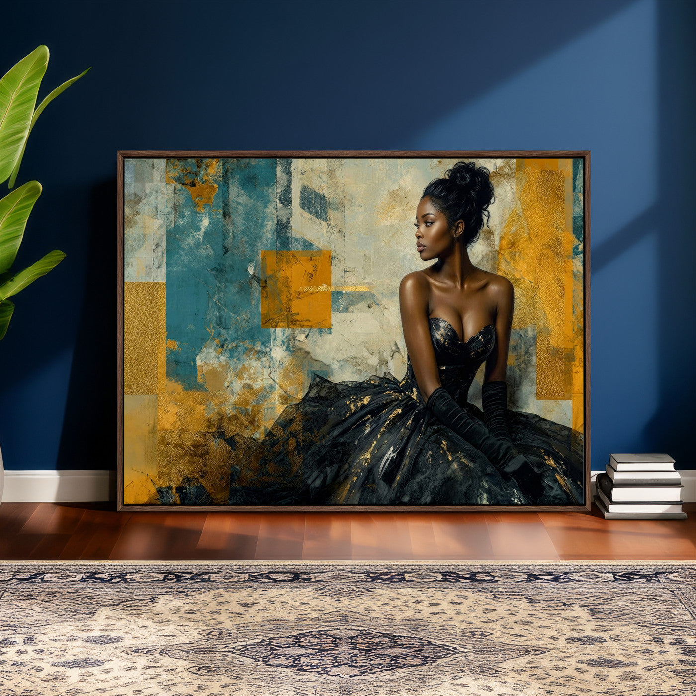 4712069Z21-MGV-CV-36X24 - Elegant Woman Canvas Wall Art — Black Gold Gown Fashion Print | Luxury Glam Wall Decor | African American Art | Bold Bedroom Wall Art Gift