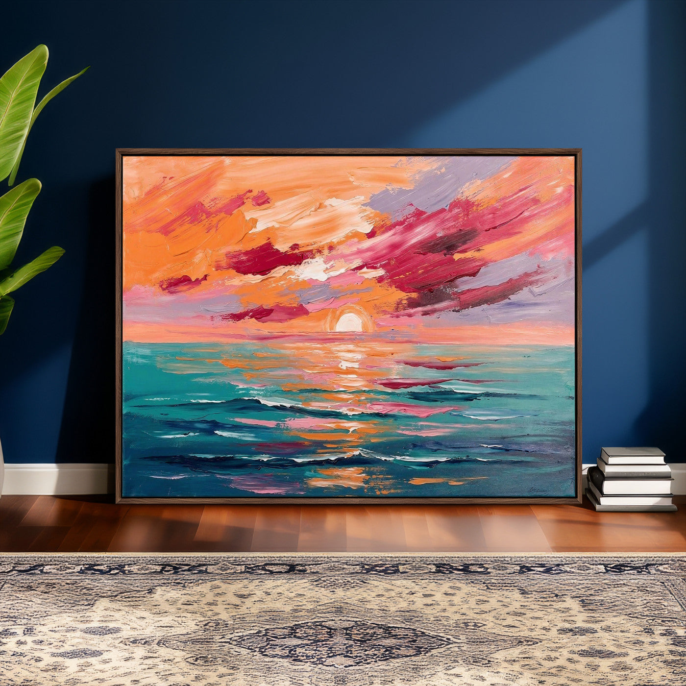 26763902-MGV-CV-36X24 - Bold Palette Knife Ocean Sunset Canvas — Orange Pink Teal Expressionist Sea Print | Colorful Coastal Wall Art | Vibrant Beach Decor Gift