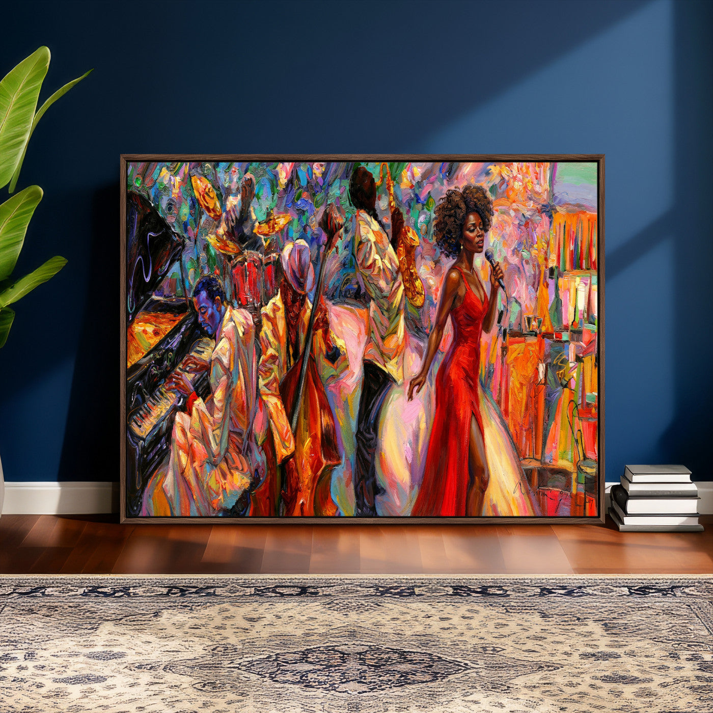 72615137-MGV-CV-36X24 - African American Jazz Singer Canvas Art - Red Dress Black Woman Music Print | Colorful Jazz Band Wall Decor | Living Room Gift for Her