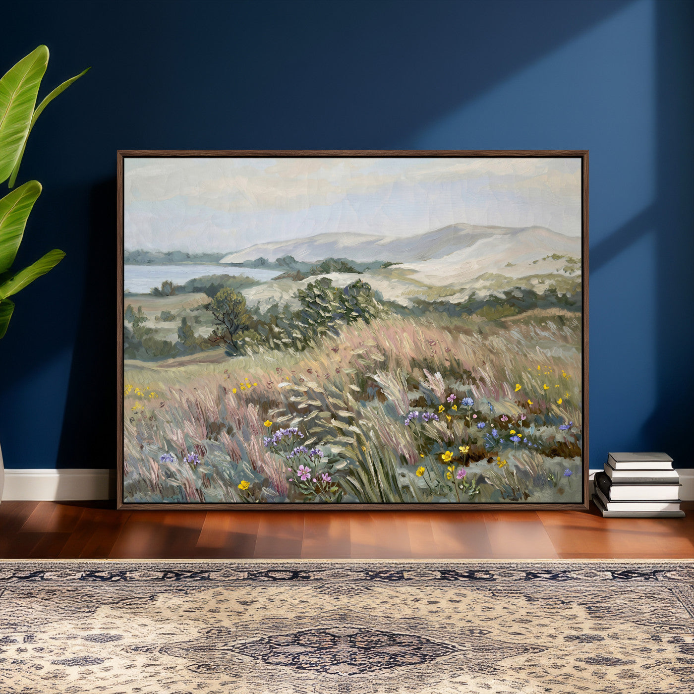 18013232-MGV-CV-36X24 - Katie Staples Hillside Canvas Wall Art — Coastal Wildflower Dune Oil Painting Print | Muted Green Nature Decor | Plein Air Landscape Gift