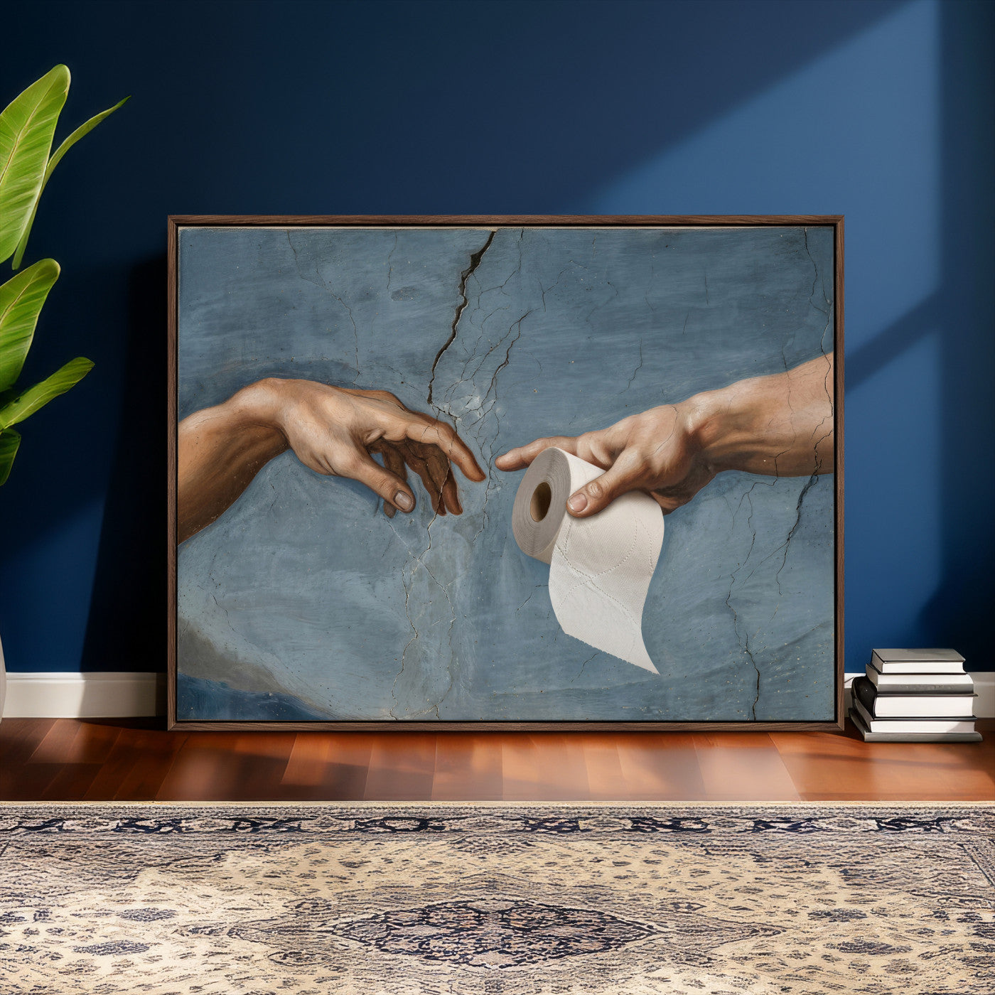 42648143-MGV-CV-36X24 - Funny Bathroom Canvas Wall Art, Michelangelo Creation of Adam Toilet Paper Parody, Renaissance Humor Print, Quirky Housewarming Gift, Toilet Room Decor