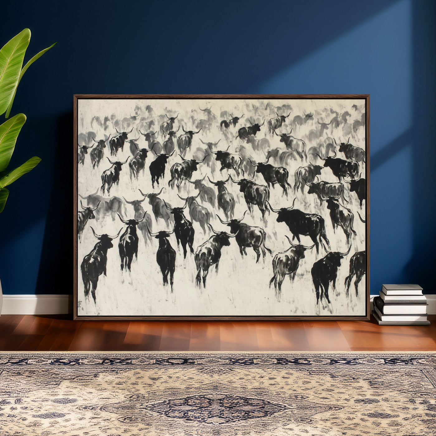 68669792-MGV-CV-36X24 - Longhorn Cattle Canvas Wall Art, Black White Stampede Ink Painting Print, Western Farmhouse Decor, Bull Herd Art, Large Living Room Wall Art, Ranch Home Decor