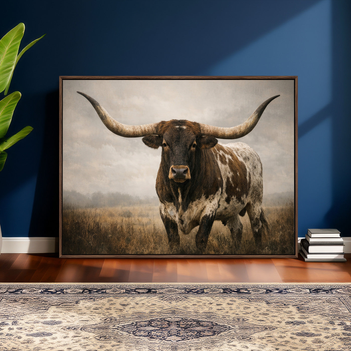 17622011L-MGV-CV-36X24 - Longhorn Bull Wall Art Canvas Print, Western Farmhouse Cowboy Decor, Rustic Texas Ranch Cattle Artwork for Living Room Bedroom Office, Framed Wall Decor