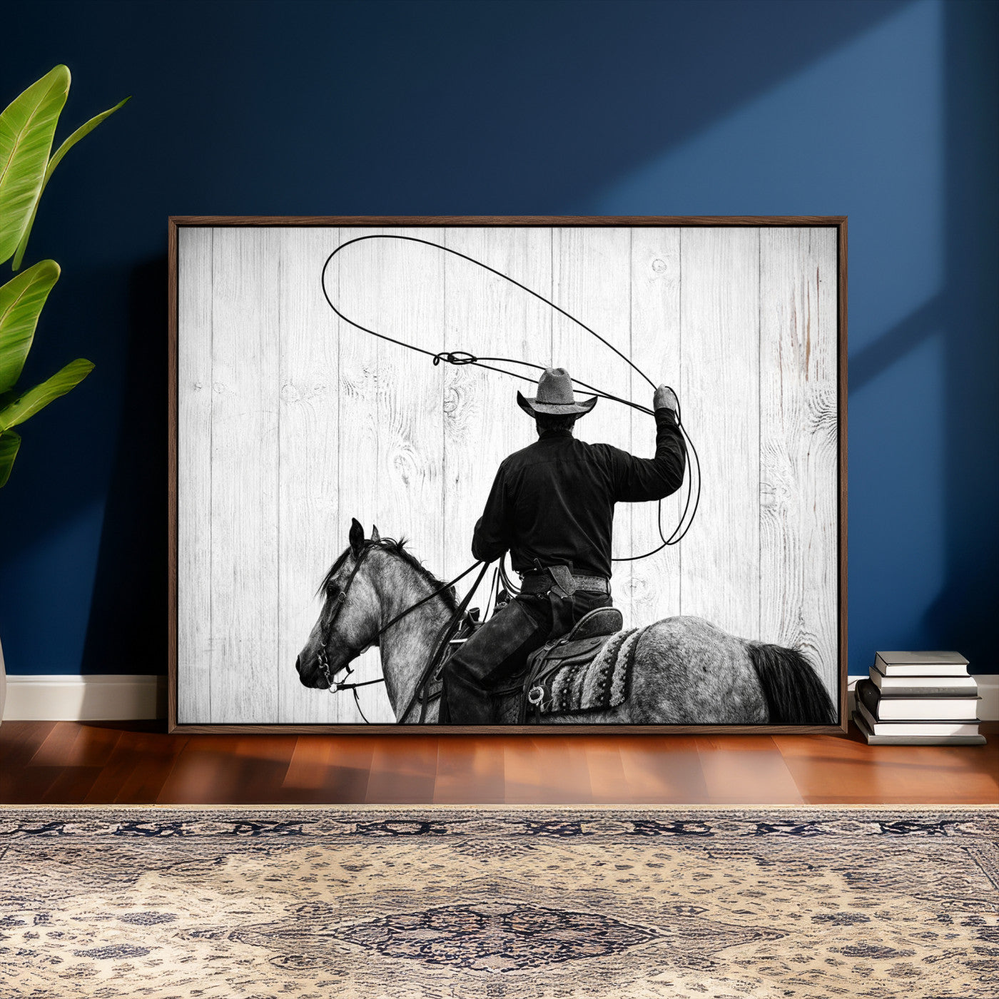 22569358-MGV-CV-36X24 - Cowboy Lasso Canvas Wall Art, Black White Western Horse Photo Print, Rustic Ranch Rodeo Decor, Farmhouse Western Art, Cowboy Gift for Him