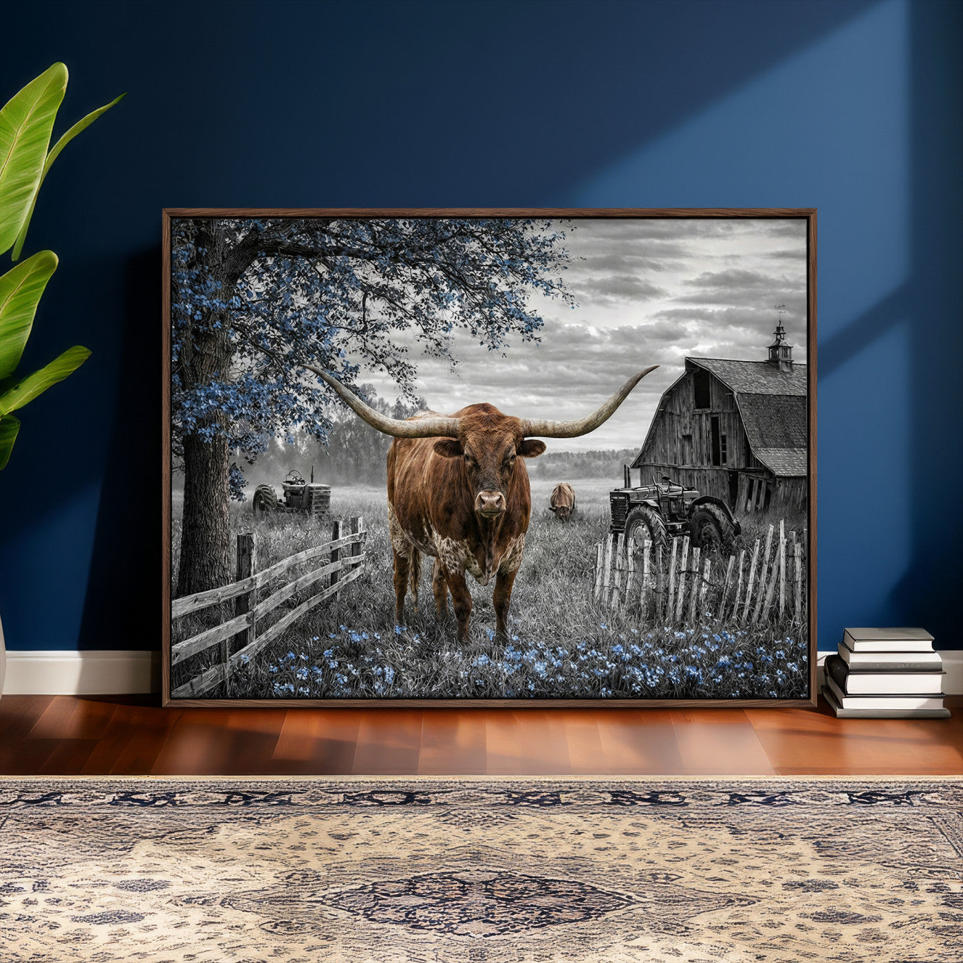 19366343-MGV-CV-36X24 - Texas Longhorn Canvas Wall Art, Rustic Farm Barn Bluebonnet Photography Print, Farmhouse Country Decor, Western Ranch Art, Old Truck Tractor Print