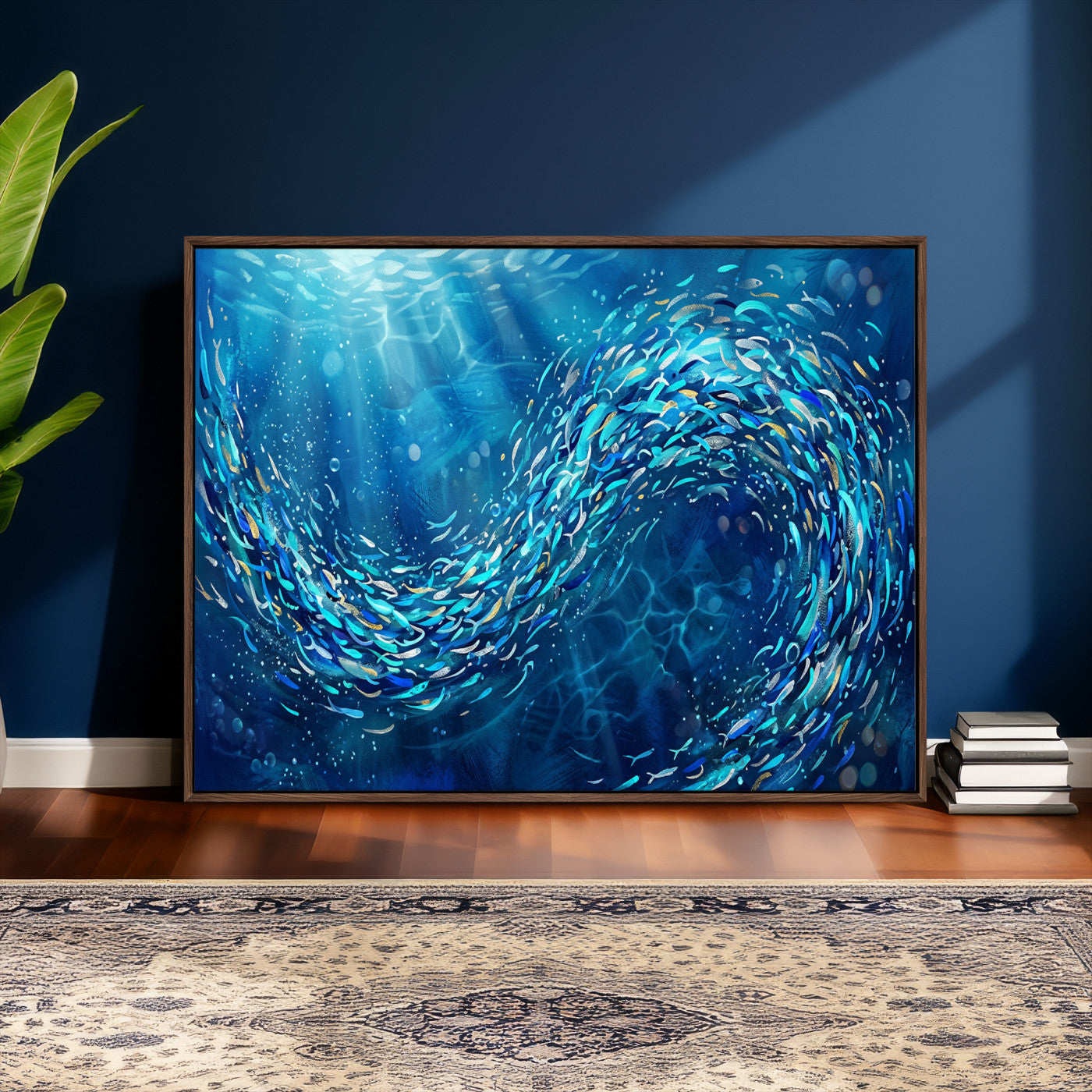 54535639-MGV-CV-36X24 - School of Fish Canvas Print | Blue Ocean Underwater Wall Art | Swirling Fish Shoal Illustration | Marine Navy Coastal Decor