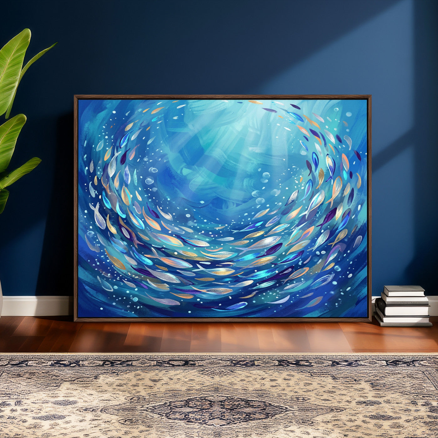 78699899-MGV-CV-36X24 - School of Fish Canvas Print | Blue Ocean Underwater Wall Art | Swirling Fish Shoal Illustration | Marine Navy Coastal Decor