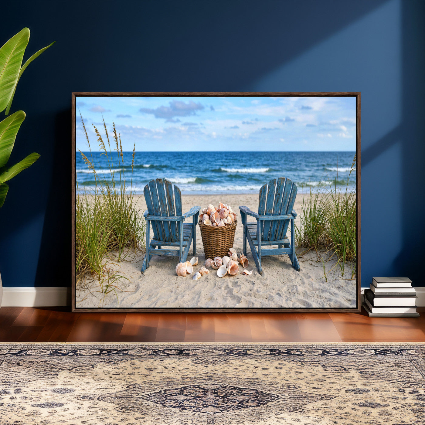 80268829-MGV-CV-36X24 - Large Beach Canvas Wall Art Coastal Adirondack Chairs Ocean Seashells Blue Nautical Framed Large for Living Room Bedroom Bathroom Decor