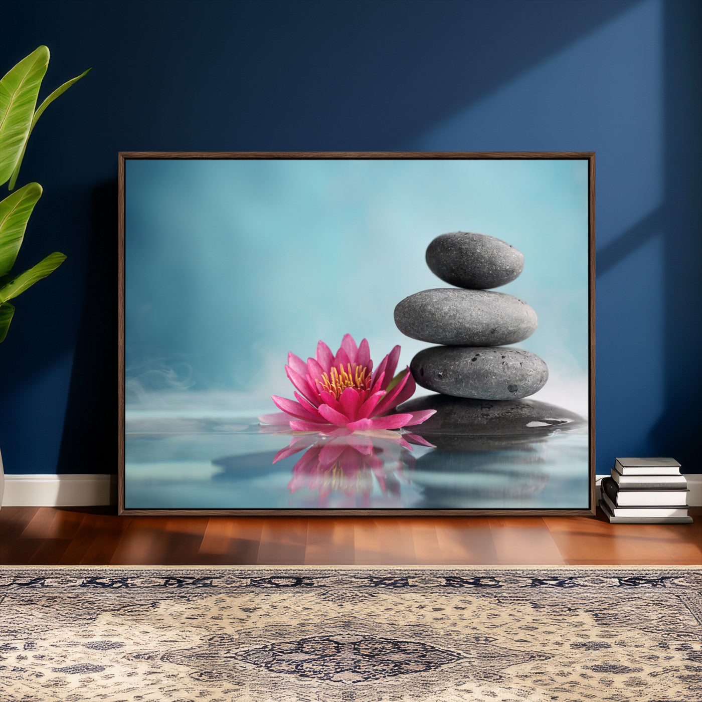 84293154-MGV-CV-36X24 - Zen Canvas Wall Art Lotus Flower Stacked Stones Teal Spa Meditation Relaxation Framed Large for Bathroom Bedroom Living Room Office Decor
