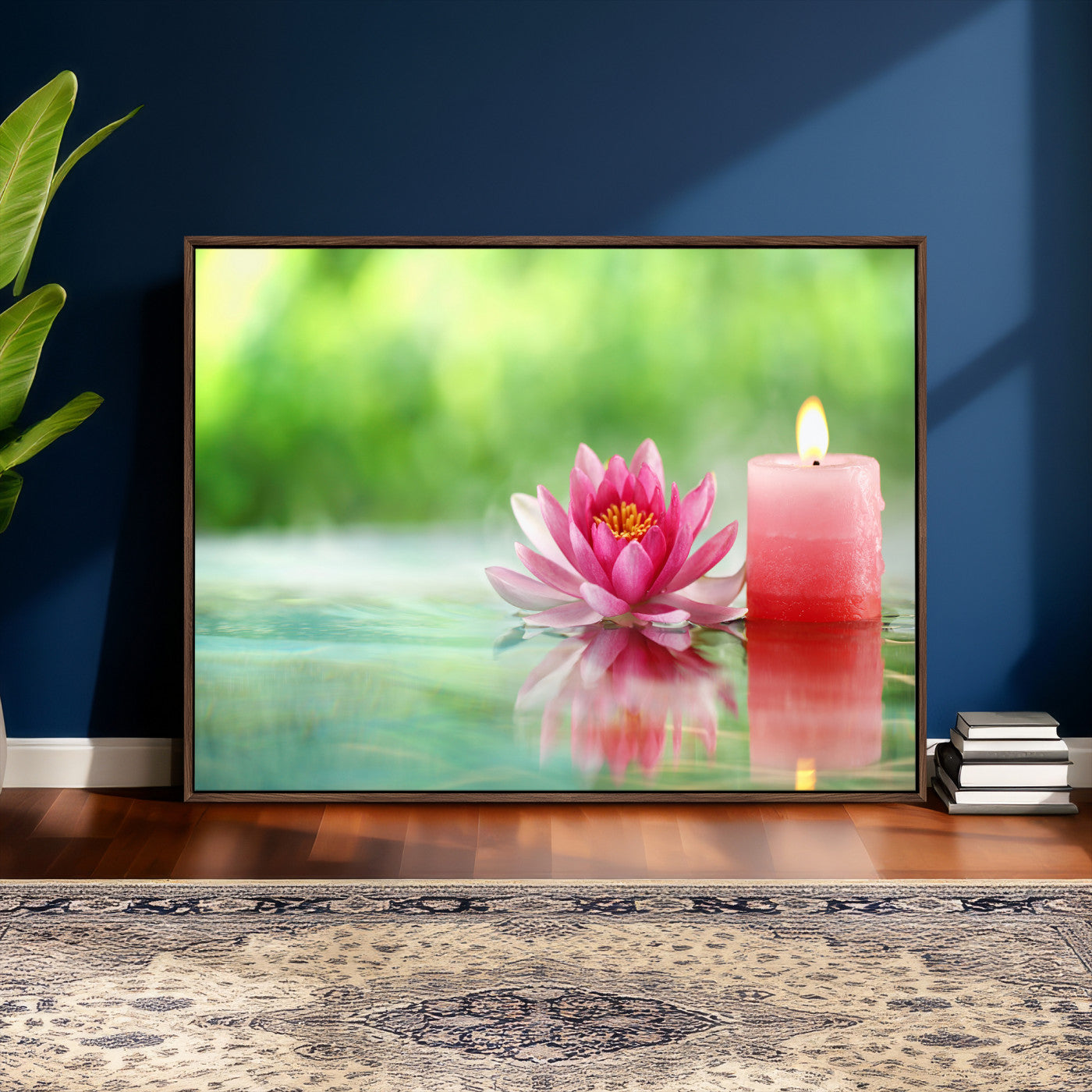 17661715-MGV-CV-36X24 - Zen Lotus Candle Canvas Wall Art Pink Spa Meditation Relaxation Green Bokeh Framed Large for Bathroom Bedroom Living Room Office Decor