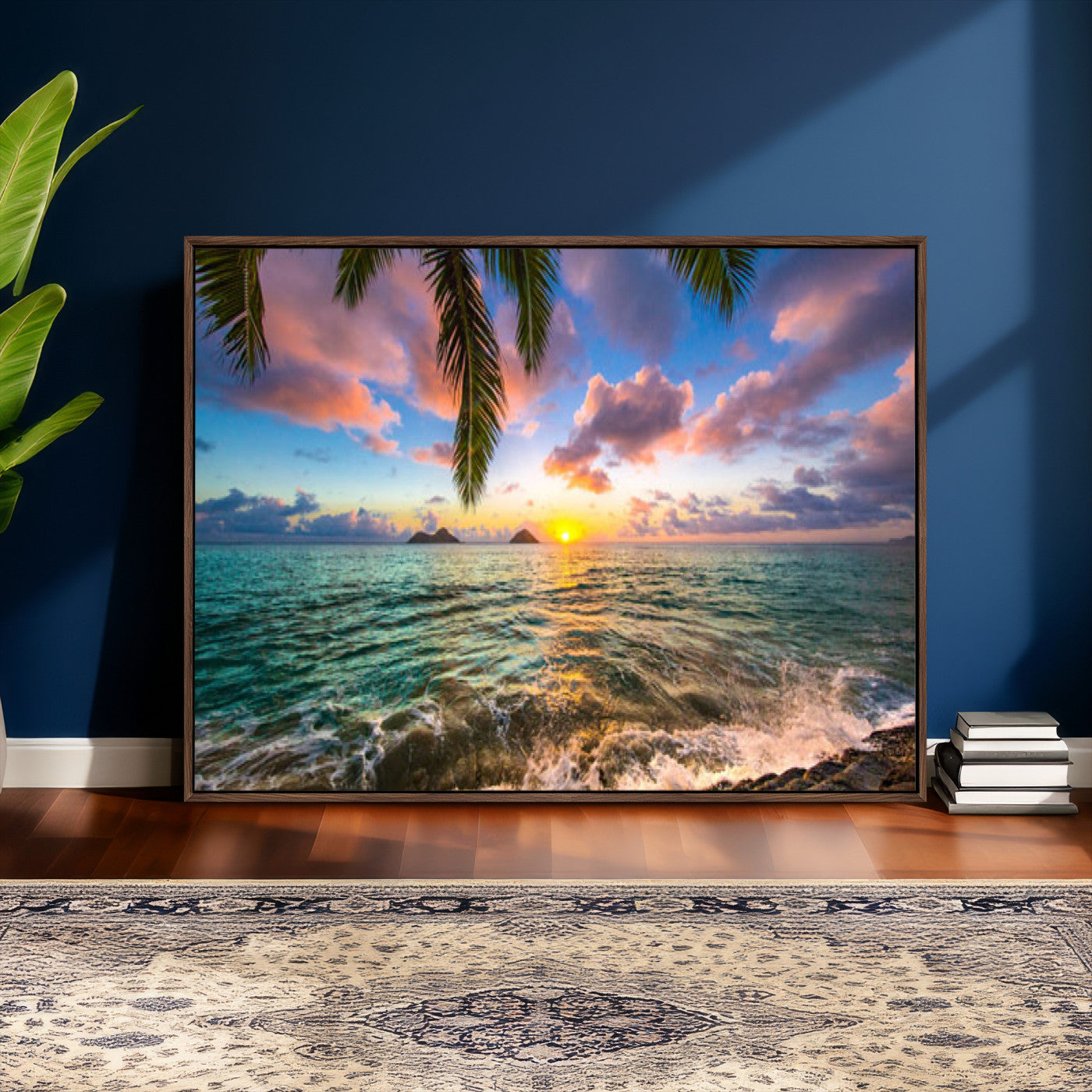 13207742-MGV-CV-36X24 - Hawaii Beach Sunset Canvas Wall Art Print, Tropical Ocean Landscape Artwork, Palm Tree Coastal Decor for Living Room Bedroom