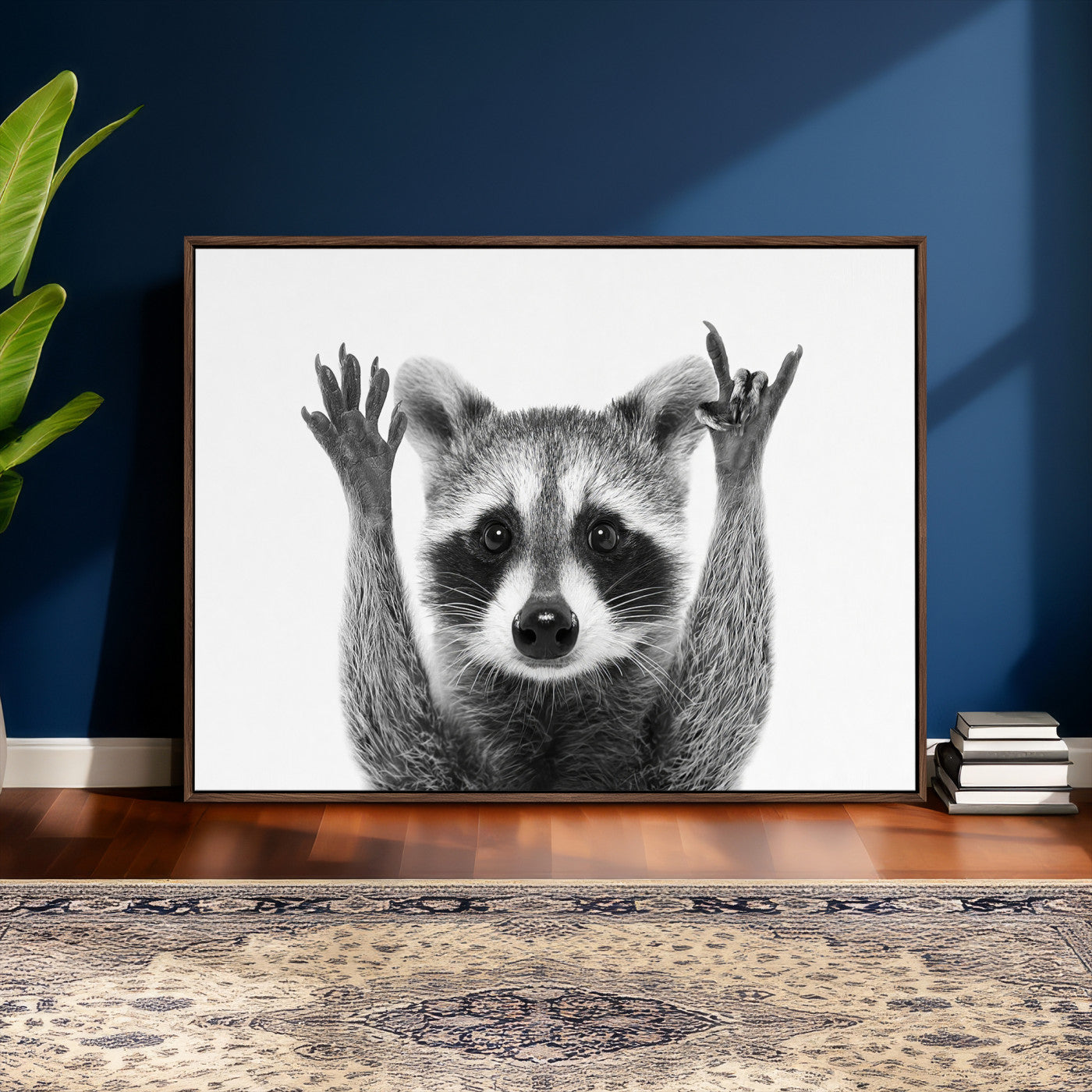 82392228-MGV-CV-36X24 - Funny Raccoon Canvas Wall Art, Black White Hands Up Animal Photo Print, Humorous Wildlife Decor, Kids Room Nursery Art, Quirky Animal Gift
