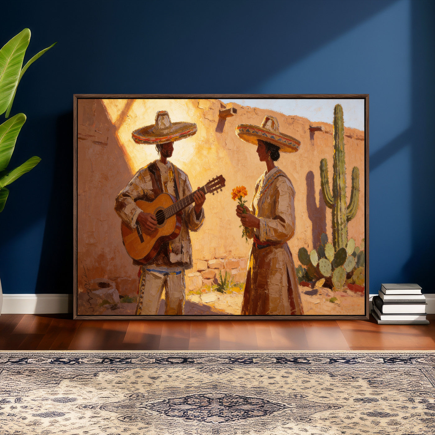 41849005-MGV-CV-36X24 - Mexican Couple Canvas Wall Art, Romantic Serenade Guitar Painting Print, Southwestern Desert Adobe Decor, Warm Golden Folk Art, Living Room Art