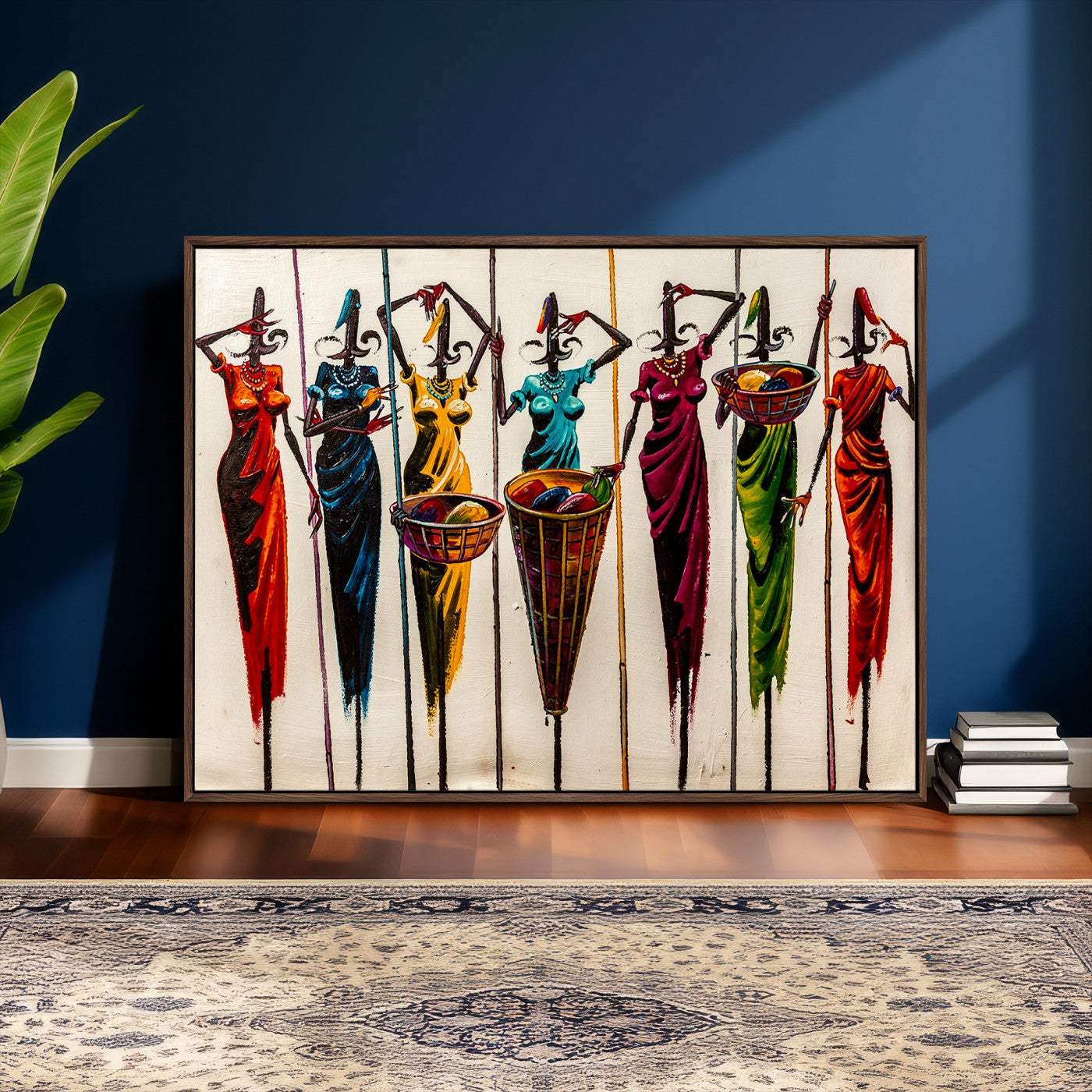 53545627-MGV-CV-36X24 - African Folk Art Canvas Wall Art, Colorful African Women Village Painting Print, Tribal Ethnic Home Decor, Vibrant African Art, Living Room