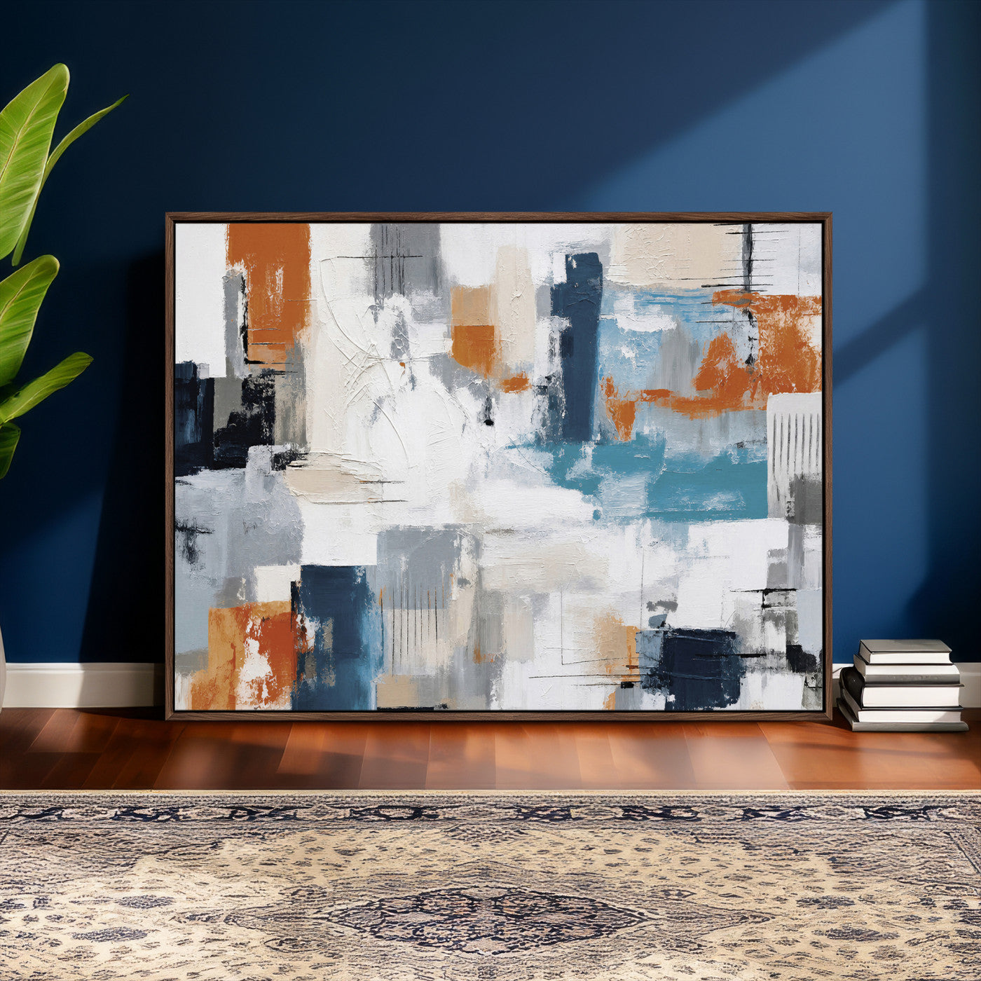 44950303-MGV-CV-36X24 - Blue Teal Abstract Canvas Wall Art, Modern Textured Painting Print, Navy Orange White Contemporary Art, Neutral Living Room Decor, Office Art