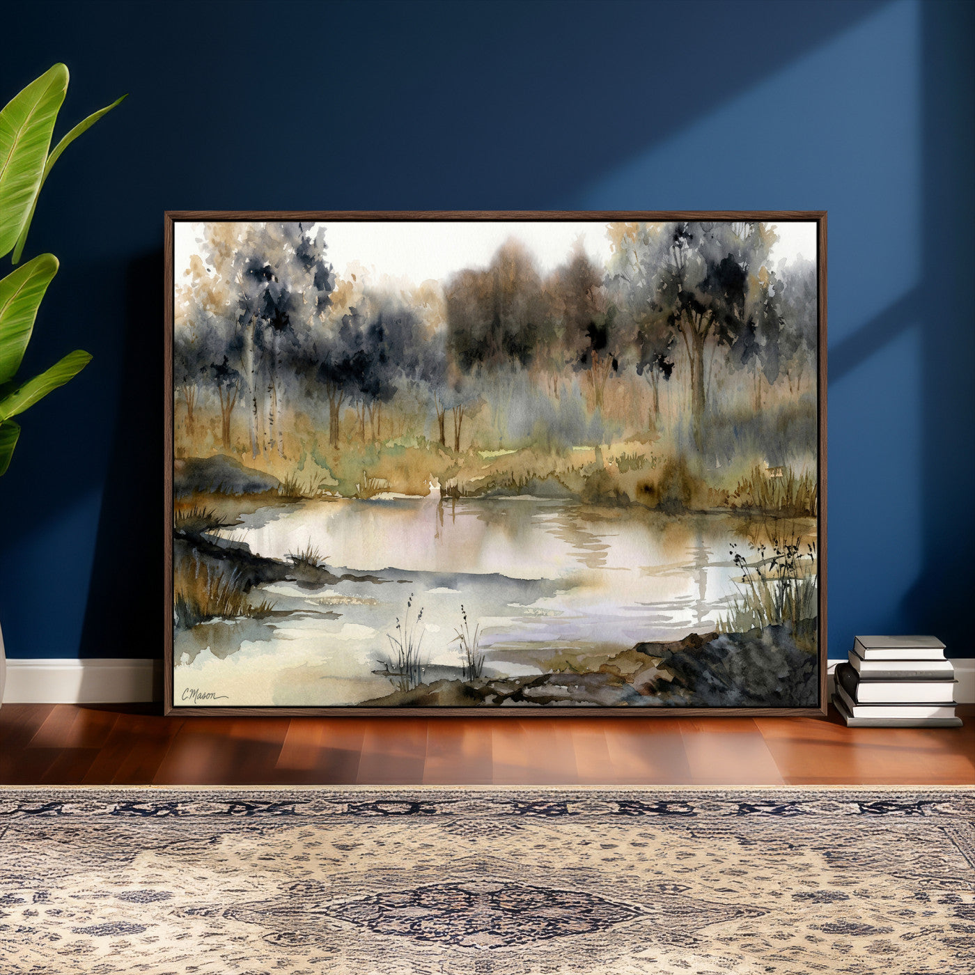 27383609-MGV-CV-36X24 - Abstract WatercolorAutumn Lake Canvas Wall Art Print, Misty Forest Landscape, Rustic Nature Painting, Cabin Wall Decor, Ready to Hang