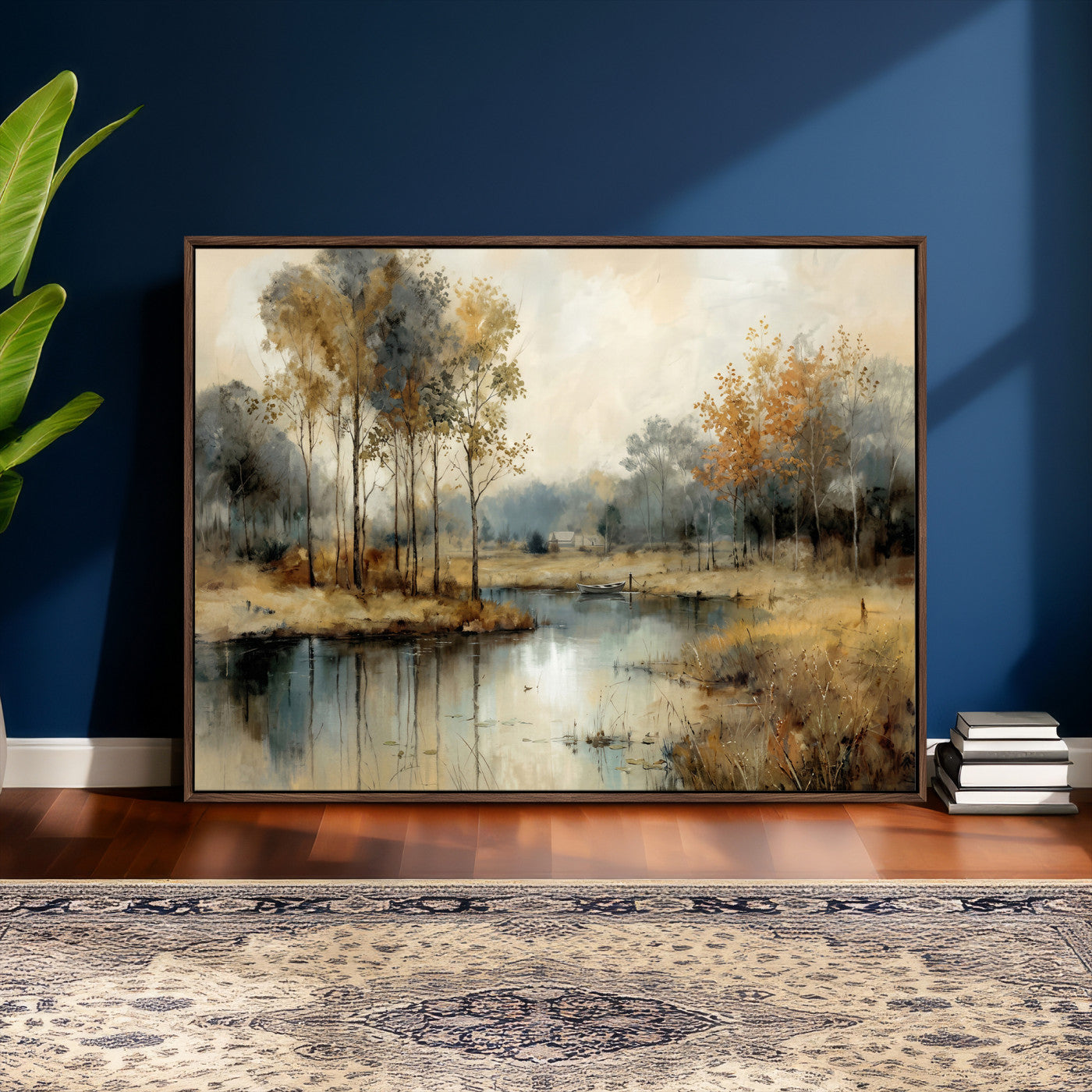 74391095-MGV-CV-36X24 - Abstract WatercolorAutumn Lake Canvas Wall Art Print, Misty Forest Landscape, Rustic Nature Painting, Cabin Wall Decor | Ready to Hang
