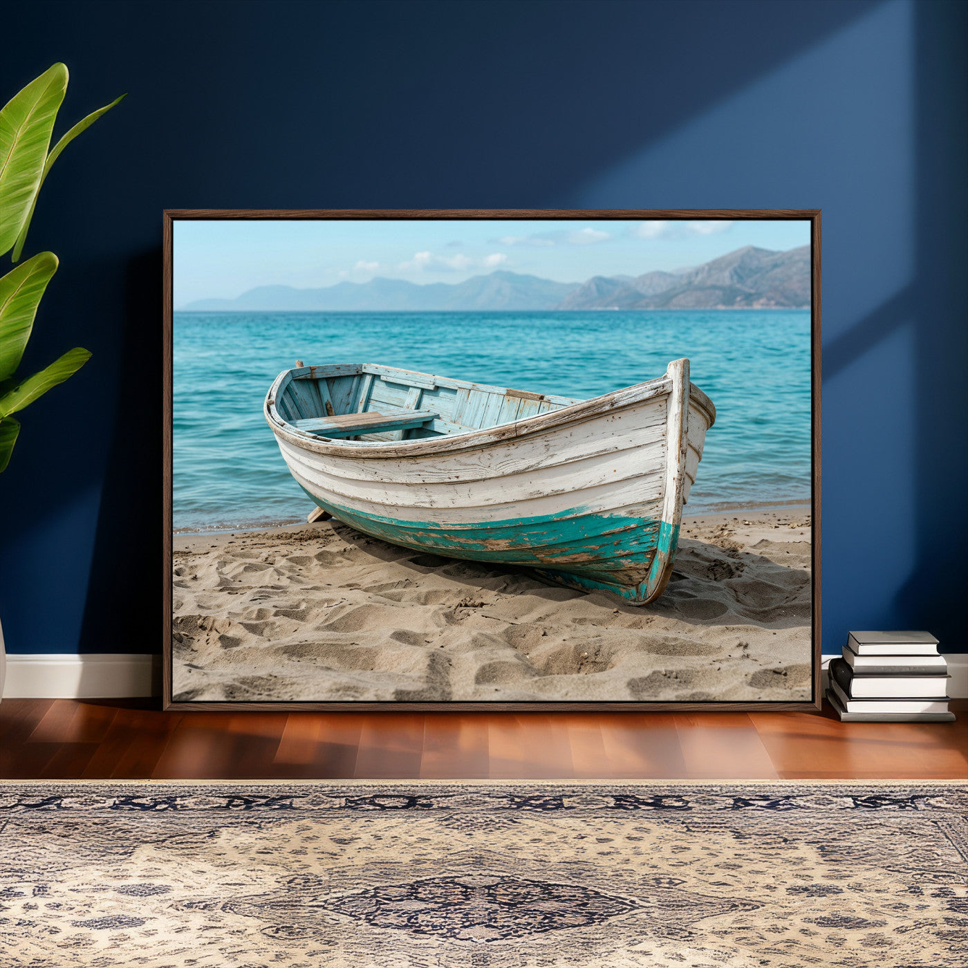 49963709-MGV-CV-36X24 - Coastal Boat Canvas Wall Art Print, Beach Boat Painting, Nautical Ocean Decor, Seascape Wall Art, Ready to Hang