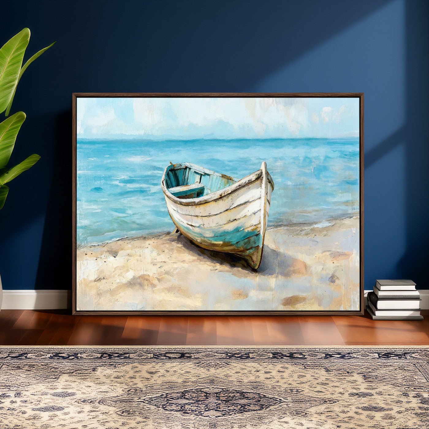 14780565-MGV-CV-36X24 - Coastal Boat Canvas Wall Art Print, Beach Boat Painting, Nautical Ocean Decor, Seascape Wall Art - Ready to Hang