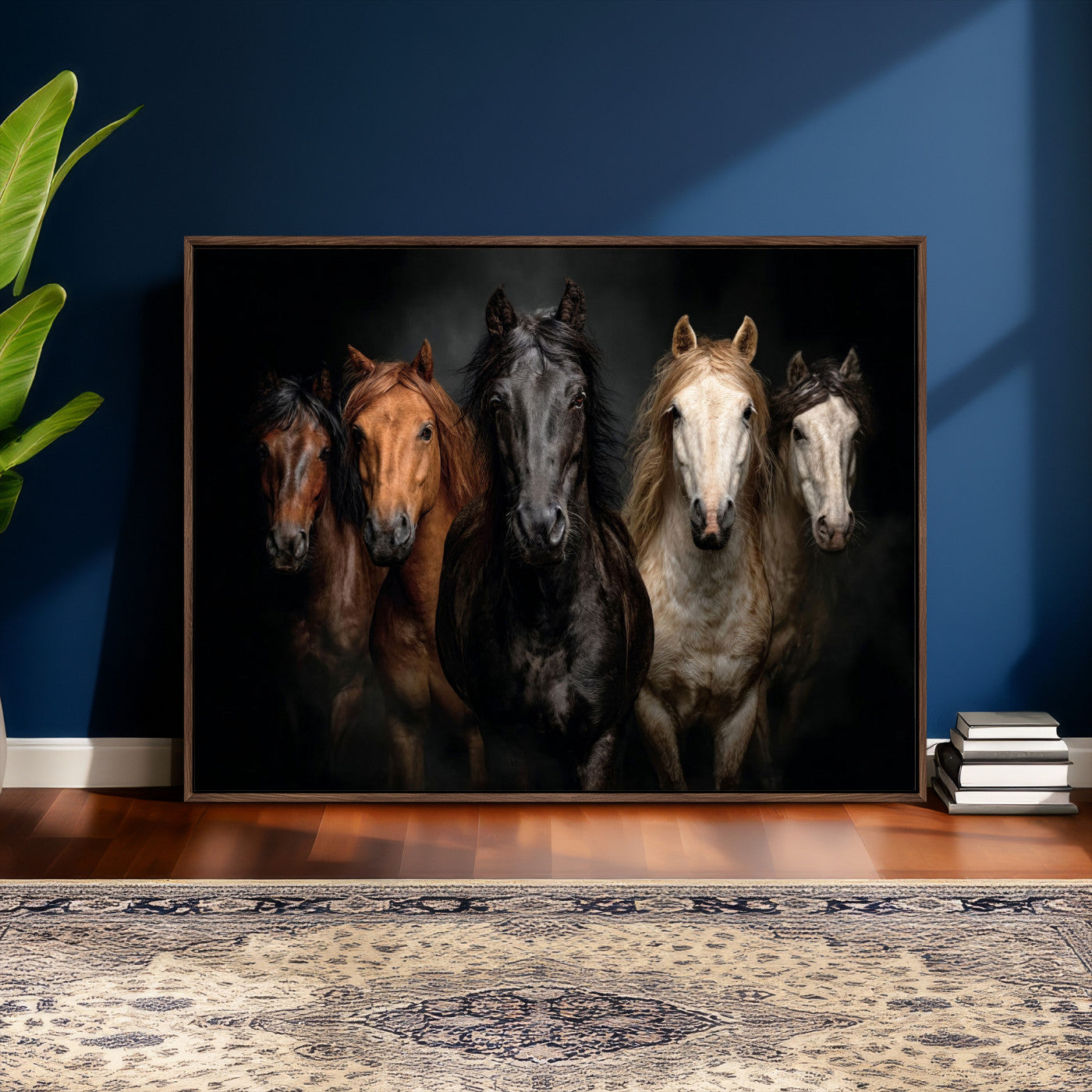 77696206-MGV-CV-36X24 - Horse Wall Art Canvas Print, Wild Horses Portrait Photography, Animal Horse Decor, Black Brown White Horse Herd, Rustic Ranch Art