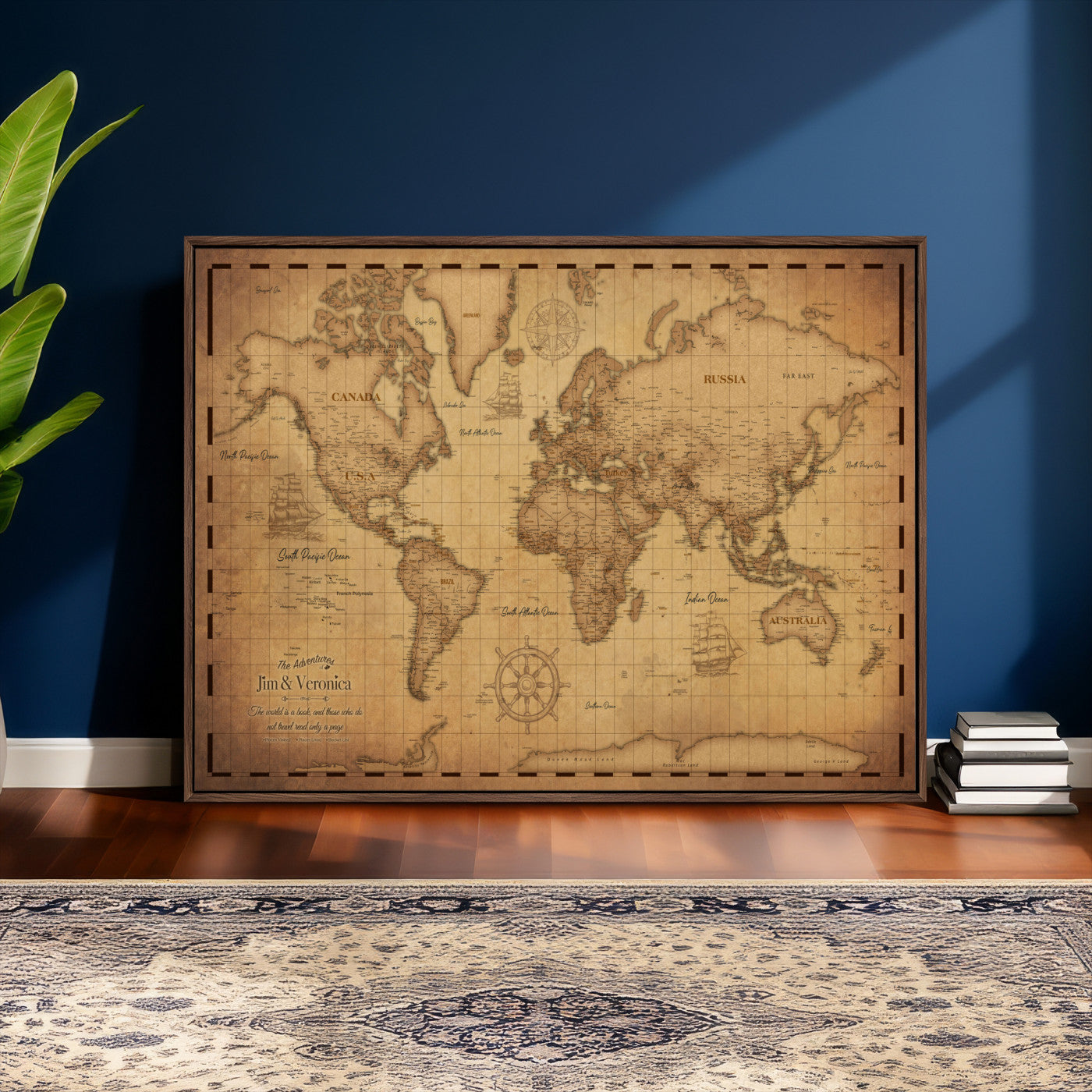 55328610-MGV-CV-36X24 - Personalize Push Pin World Map, Vintage Travel Map Canvas, Custom Names Anniversary Gift, Places Visited Pin Board, Couples Adventure Arts
