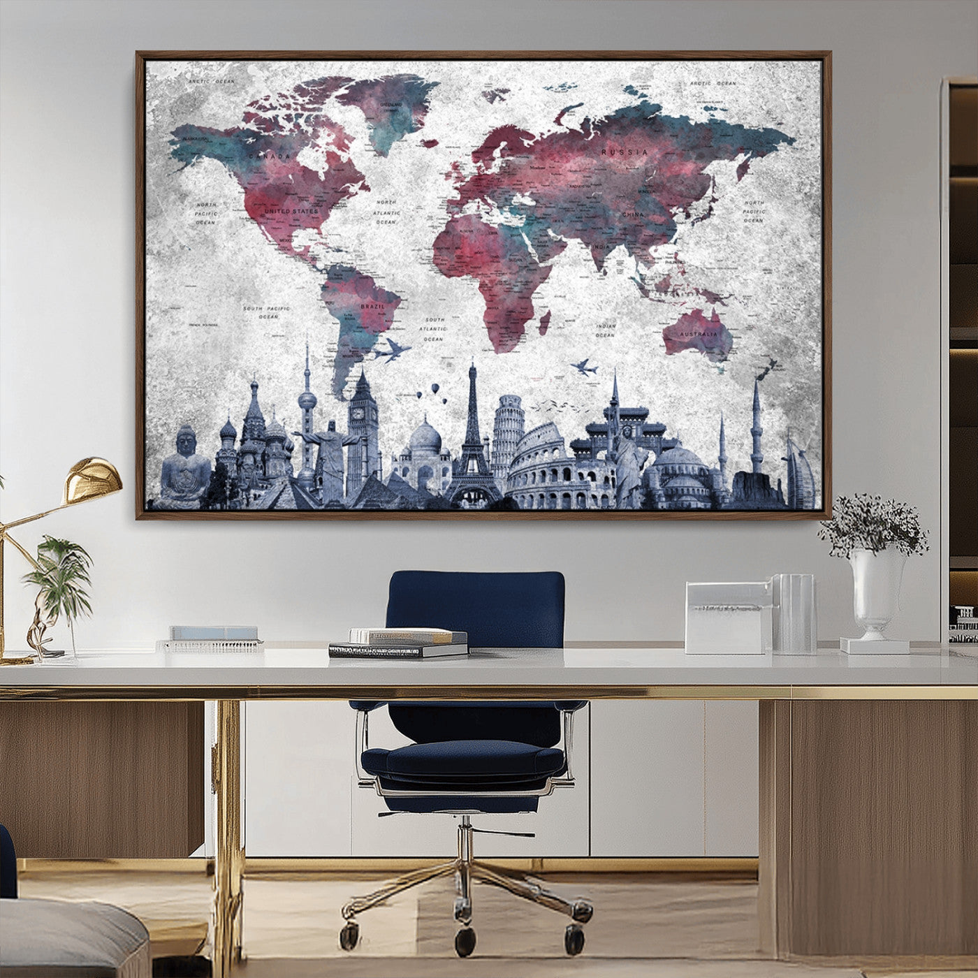 MGV-FC-36X24 - Push Pin World Map Canvas Print – Framed Wall Art for Couples to Track Their Travels – Anniversary