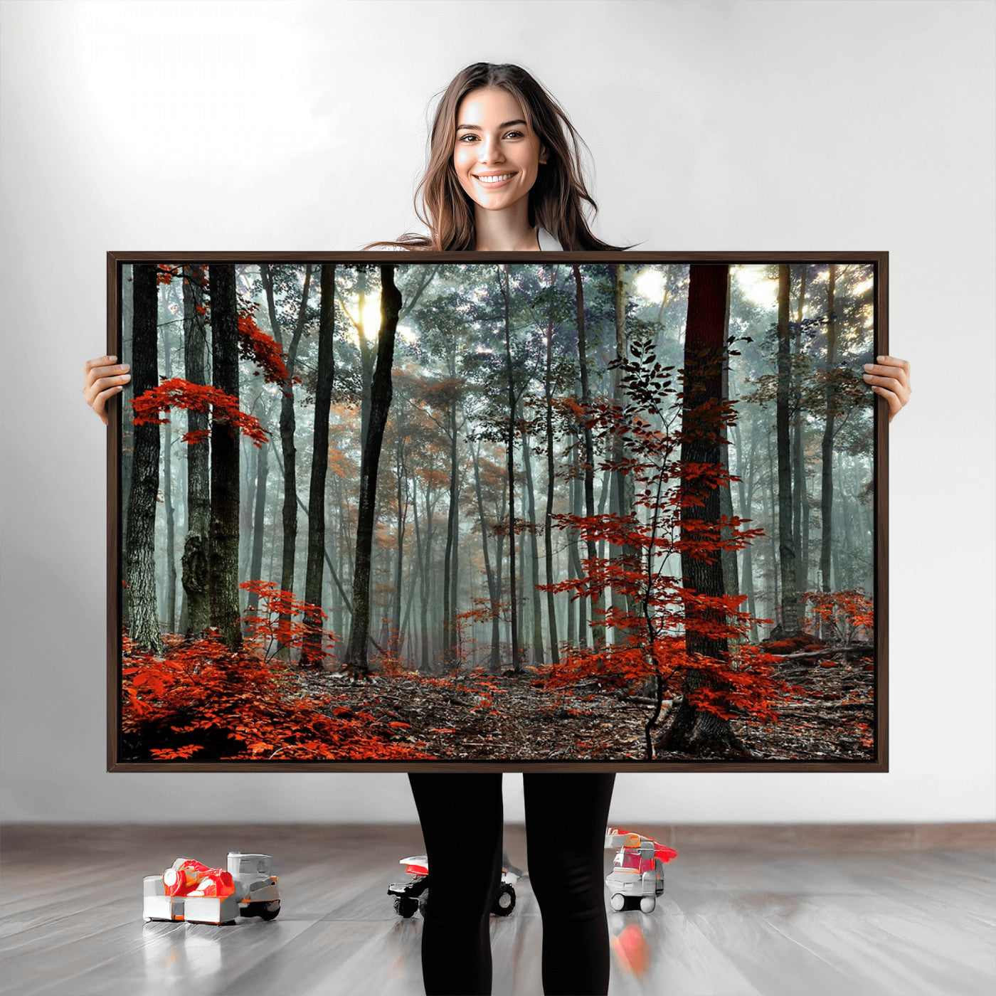 59209-MGV-CV-36X24-Autumn Forest Canvas Wall Art – Enchanting Red Leaves Triptych Print – Nature-Inspired Decor for Living Room or Office – Ready to Hang
