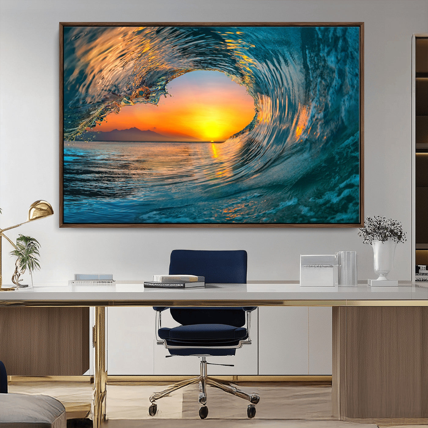 MGV-FC-36X24 - Ocean Wave Sunset Wall Art | Large Coastal Wave Canvas Print | 3-Panel Ocean Sunset Seascape for