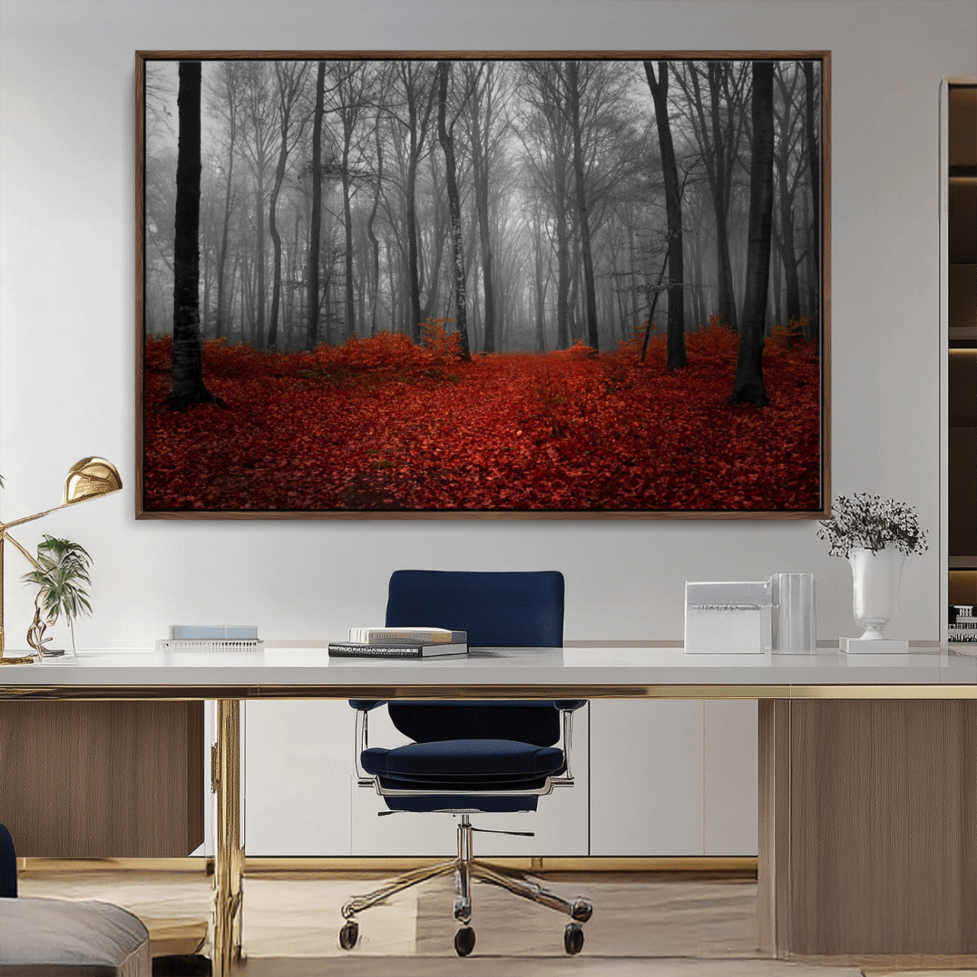 -Red Forest Floor Canvas Wall Art – Mystical Foggy Woodland Triptych – Nature-Inspired Decor for