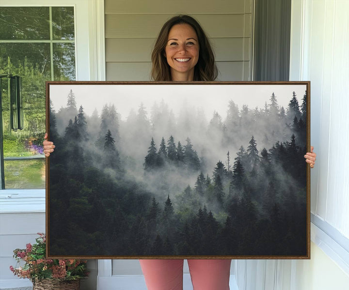 The Serene Triptych Print features tall evergreens, creating a mysterious and calming atmosphere.